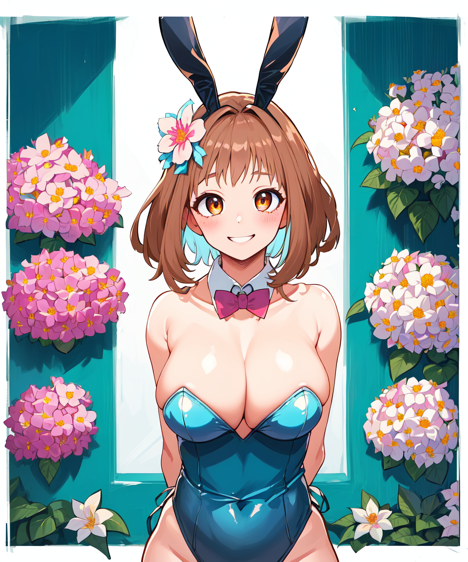 1girls ai_generated big_breasts brown_eyes brown_hair bunnysuit clothing easter female female_only flower headband hourglass_figure light-skinned_female light_skin looking_at_viewer my_hero_academia ochako_uraraka playboy_bunny rabbit_headband short_hair voluptuous voluptuous_female winnie_kuma