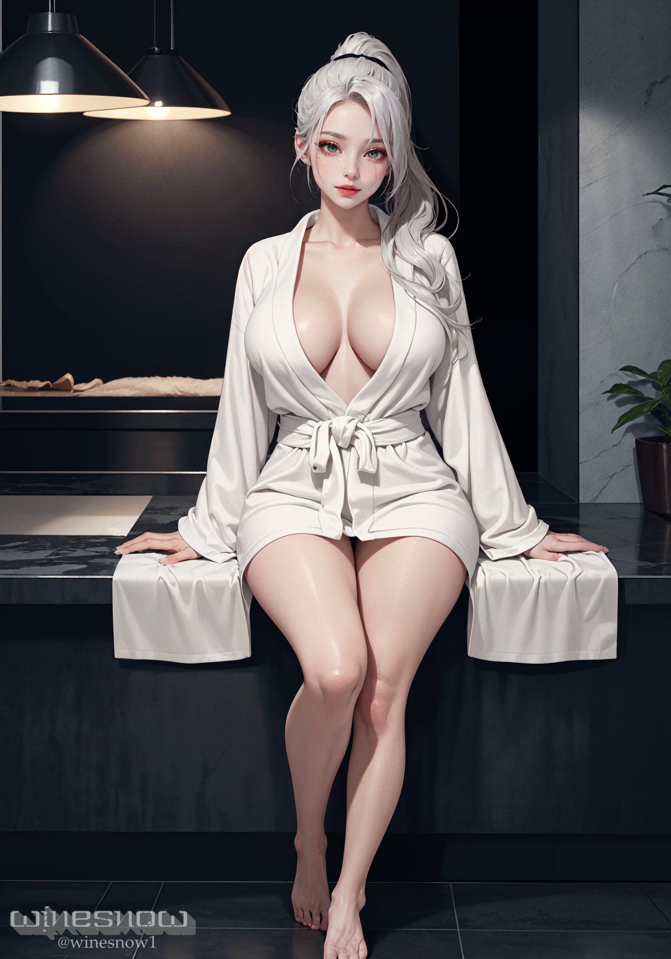 1girls, ai generated, bathroom, breasts, female, female focus, female only, huge breasts, long hair, looking at viewer, original character, seductive look, stable diffusion, voluptuous, voluptuous female, white hair, winesnow