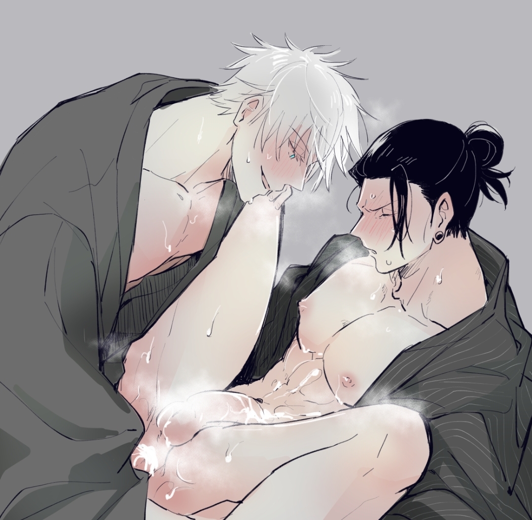 2boys, ass, black hair, cum, cum in ass, cum in mouth, cum inside, earrings, gay, gay sex, jujutsu kaisen, male, male/male, mtbyssu, muscular, muscular male, nipples, orgasm, satoru gojo, suguru geto, white hair, yaoi
