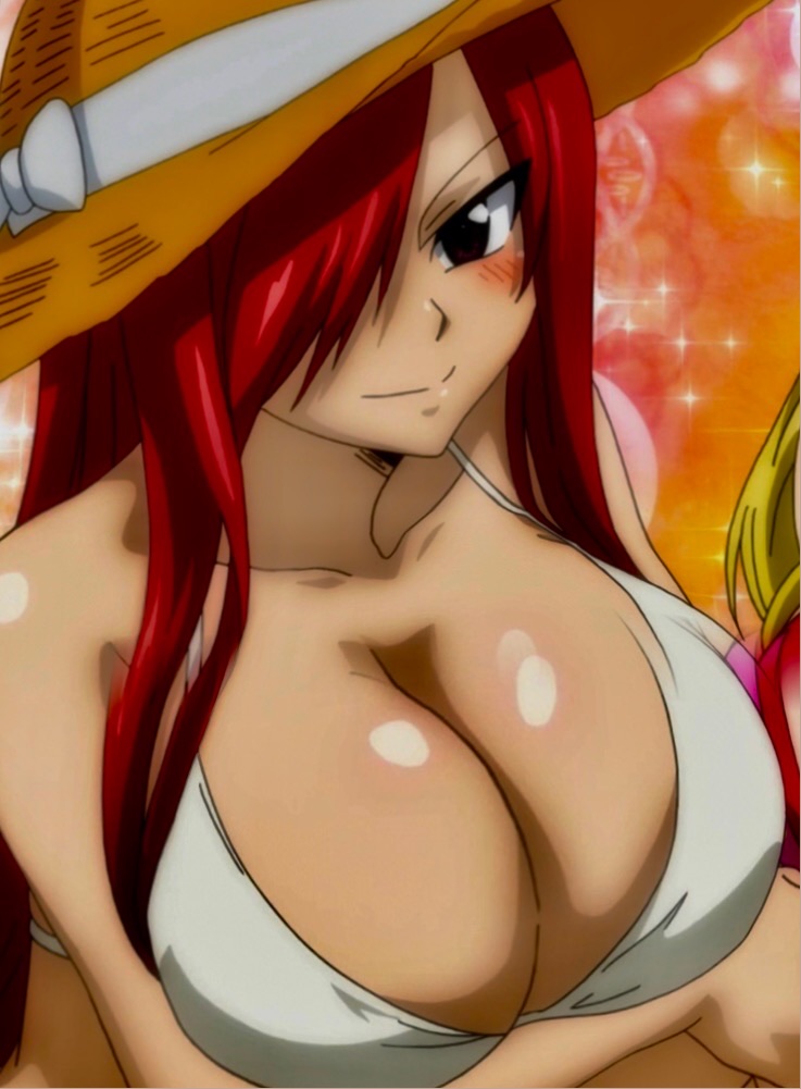 1girls, big breasts, bikini, breasts, erza scarlet, fairy tail, female, red hair, red-haired female, screencap