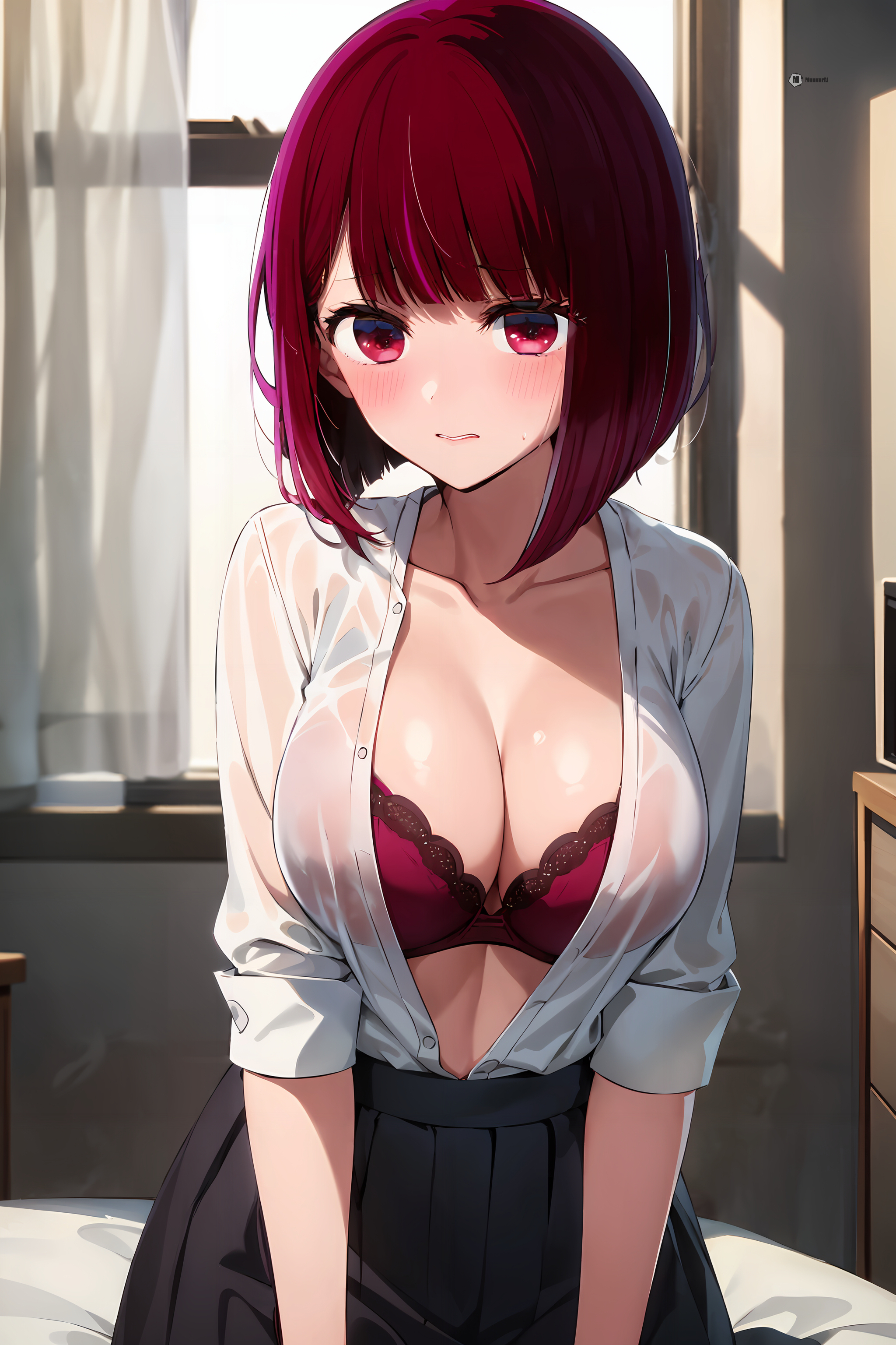 1girls, ai generated, arima kana, breasts, cleavage, curvy body, curvy female, curvy figure, female, female focus, female only, huge breasts, looking at viewer, oshi no ko, red eyes, red hair, seductive look, stable diffusion, voluptuous, voluptuous female