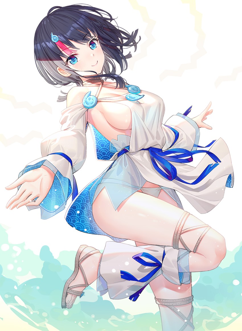 >:) 1girls black_hair blue_eyes blue_ribbon breasts closed_mouth detached_sleeves dress fate/grand_order fate/requiem fate_(series) highres long_hair long_sleeves looking_at_viewer magatama_hair_ornament medium_breasts multicolored_hair panties photoshop_(medium) puffy_long_sleeves puffy_sleeves red_hair ribbon ririko_(zhuoyandesailaer) sandals see-through seigaiha sideboob sleeves_past_wrists smile solo standing standing_on_one_leg streaked_hair underwear utsumi_erice v-shaped_eyebrows white_dress white_panties white_sleeves wide_sleeves