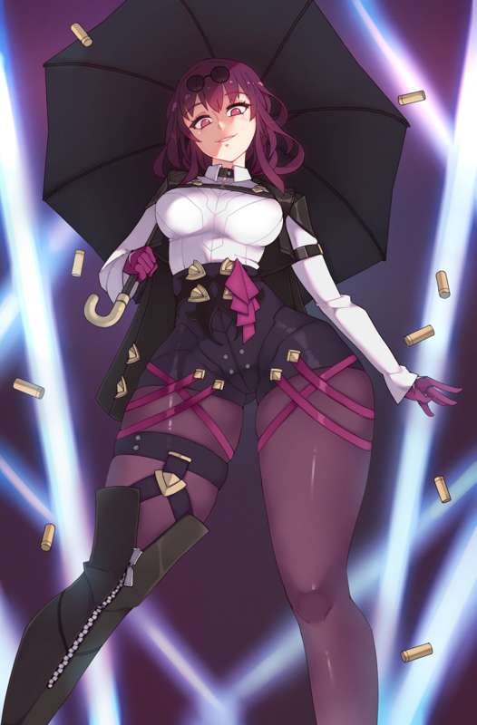 1girls, ass, big ass, big breasts, big thighs, breasts, eyewear on head, female, honkai (series), honkai: star rail, kafka (honkai: star rail), looking down, rtil, sunglasses on head, umbrella