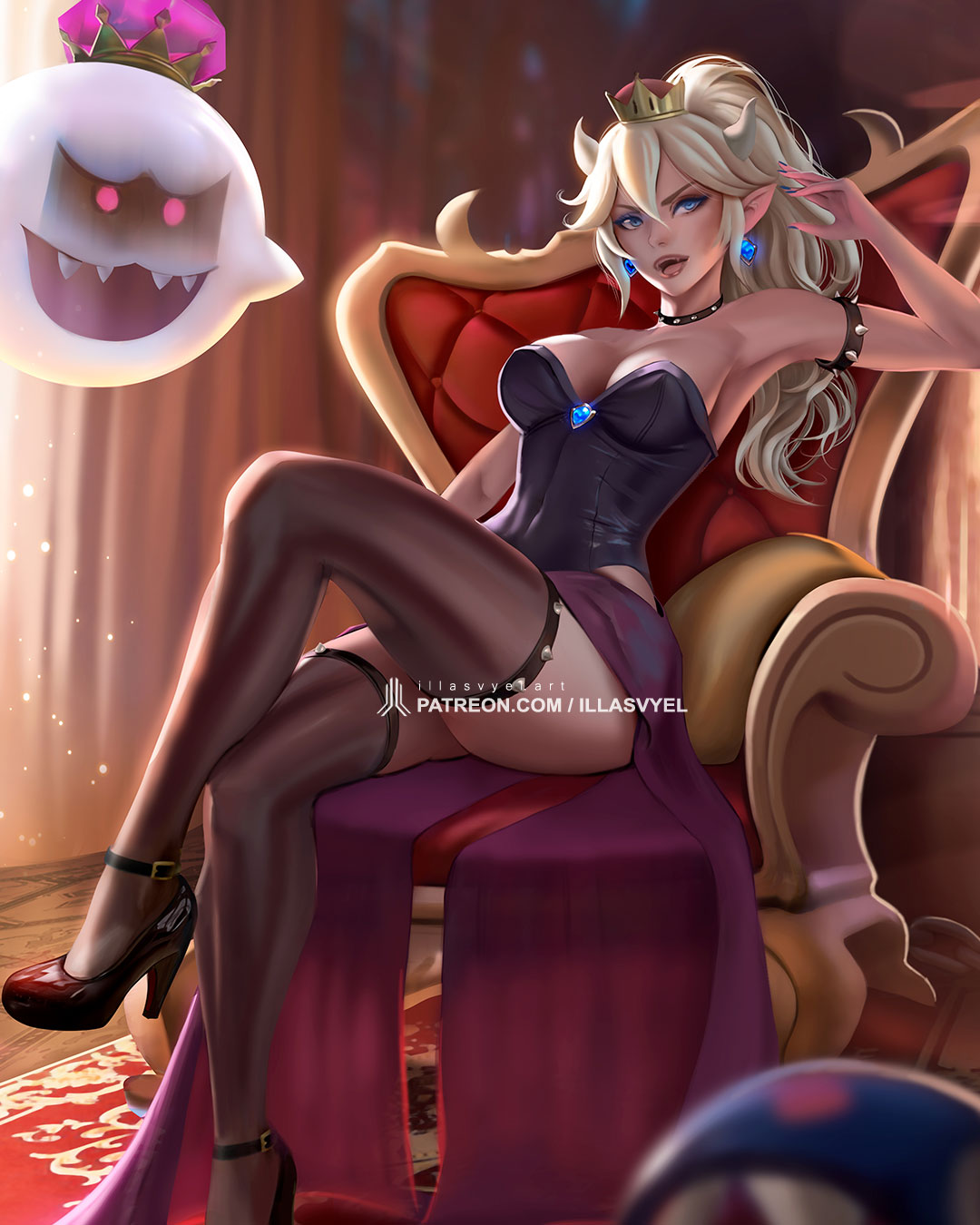 big_breasts blonde_hair blue_eyes bowsette bracelet breasts collar crown curvaceous curvy earrings ears female horn illasvyel king_boo large_breasts leotard lingerie long_hair looking_at_viewer luigi's_mansion mario_(series) new_super_mario_bros._u_deluxe sitting solo spikes tail thighhighs thighs waist