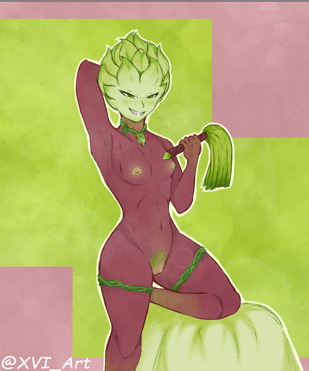 arm_up armpits belly_button blush fangs flat_chest flogger gijinka green_eyes green_skin grin holding_object leaves maroon_body midriff necklace nipples nude nude_female oc original_character petite petite_body petite_female plant_girl plant_humanoid pubic_hair pussy signature simple_background small_breasts thick_thighs thighs vines whip wild_hops_(xvi) xvi