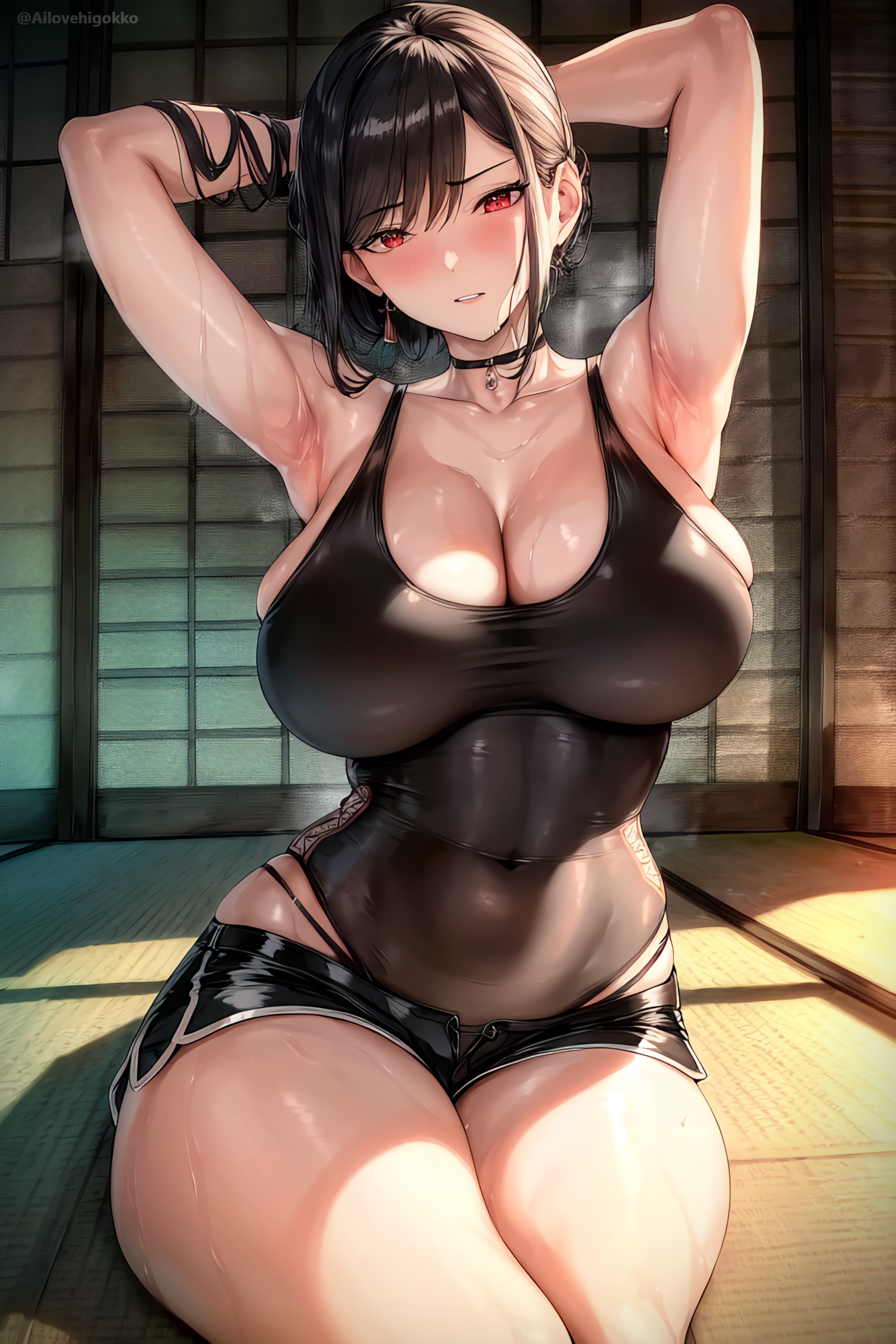 1girls, ai generated, ai love higokko, booty shorts, breasts, brown hair, female, gym uniform, holaraai, huge breasts, light skin, light-skinned female, long hair, mature female, milf, original, original character, red eyes, short shorts, shorts, sportswear, stable diffusion, sweat, sweaty body, tank top, thick thighs