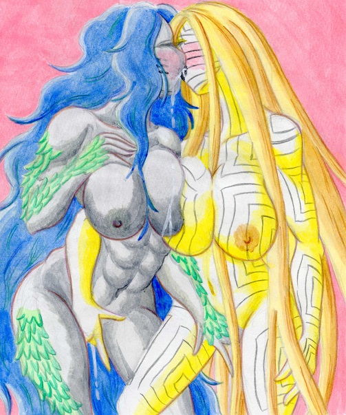 1_eye abs animal_humanoid areola asherah_(megami_tensei) atlus big_breasts blonde_hair blue_hair blush bodily_fluids breasts brown_areola brown_nipples closed_eyes cyclops deity dripping duo eyelashes female female/female fingering fish fish_humanoid genital_fluids green_body green_scales grey_areola grey_body grey_nipples grey_scales hair huge_breasts humanoid kissing marine marine_humanoid megami_tensei navel nipples nude pink_background pussy_juice saliva saliva_drip scales sedna_(megami_tensei) sega simple_background thick_thighs traditional_media_(artwork) u_su1 white_body wide_hips