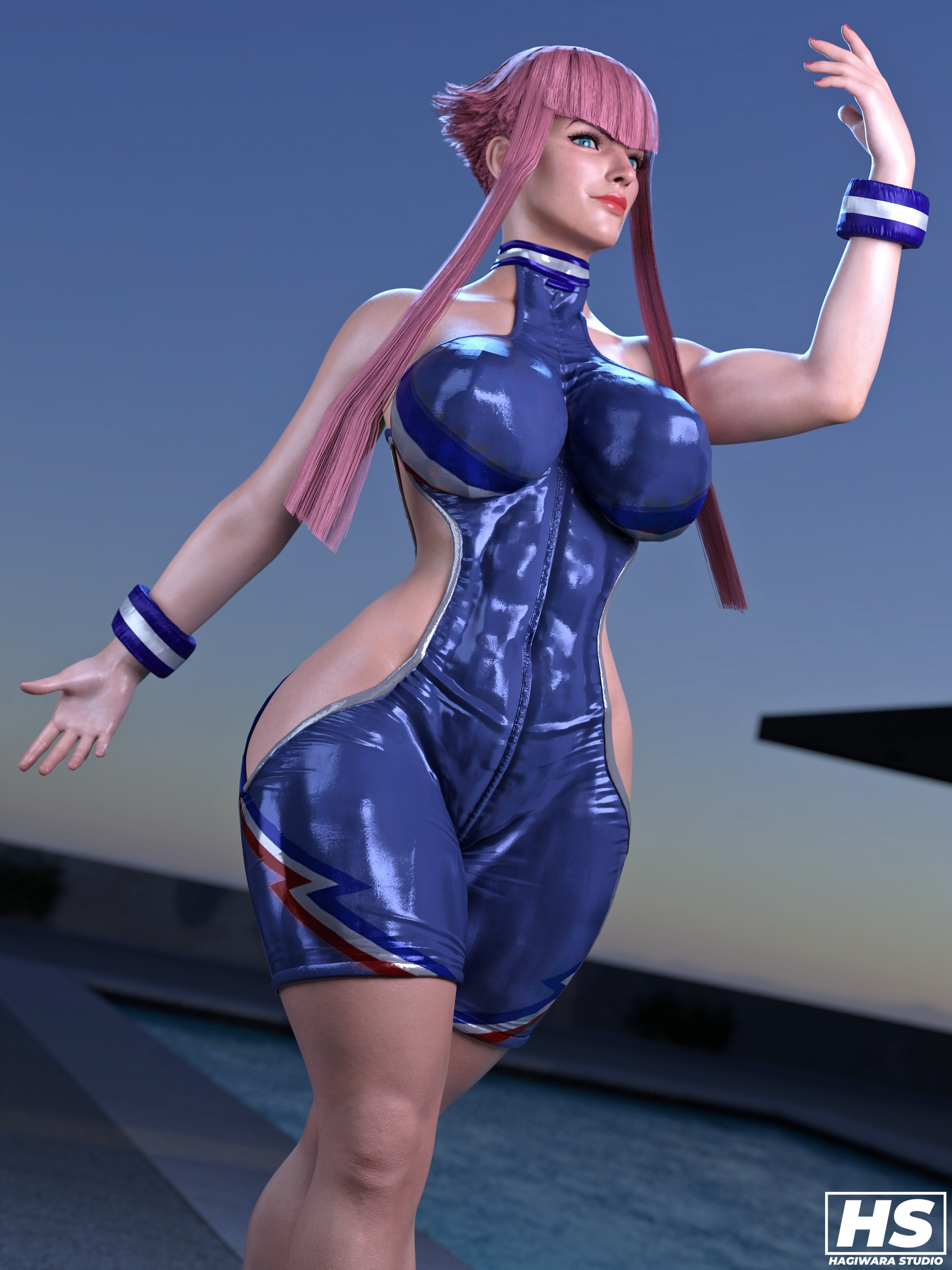 1girls, 3d, blue eyes, breasts, capcom, female, female only, french, french female, hagiwara studio, manon legrand, off shoulder, pink hair, short hair with long locks, sidelocks, solo, street fighter, street fighter 6, thick thighs, wristband