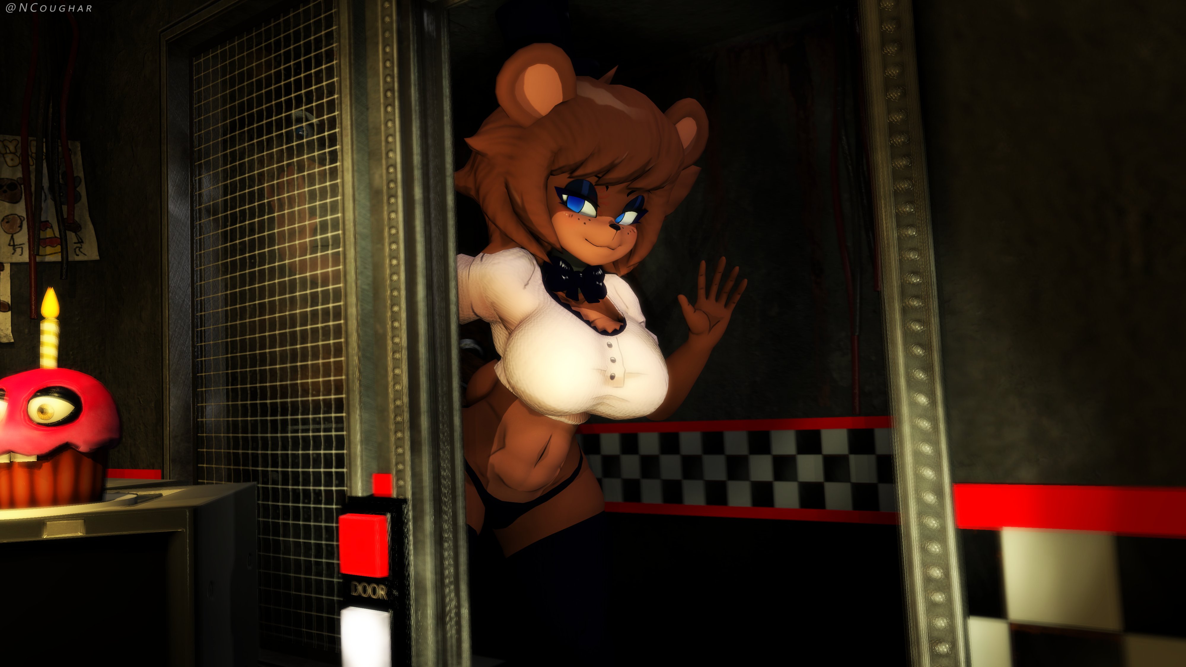 1boy, 1girls, 3d, 3d (artwork), absurd res, anthro, background character, big breasts, black legwear, blue eyes, breasts, brown fur, cally3d, clazzey, cryptiacurves, cupcake (fnaf), curvy, fazclaire's nightclub, female, five nights at freddy's, fnaf, freckles, freddy (fnaf), fredina (cally3d), fredina's nightclub, frenni (cryptia), frenni fazclaire, furry, hi res, male, ncoughar, randomstuff, scottgames, solo, thick thighs, thighhighs, voluptuous