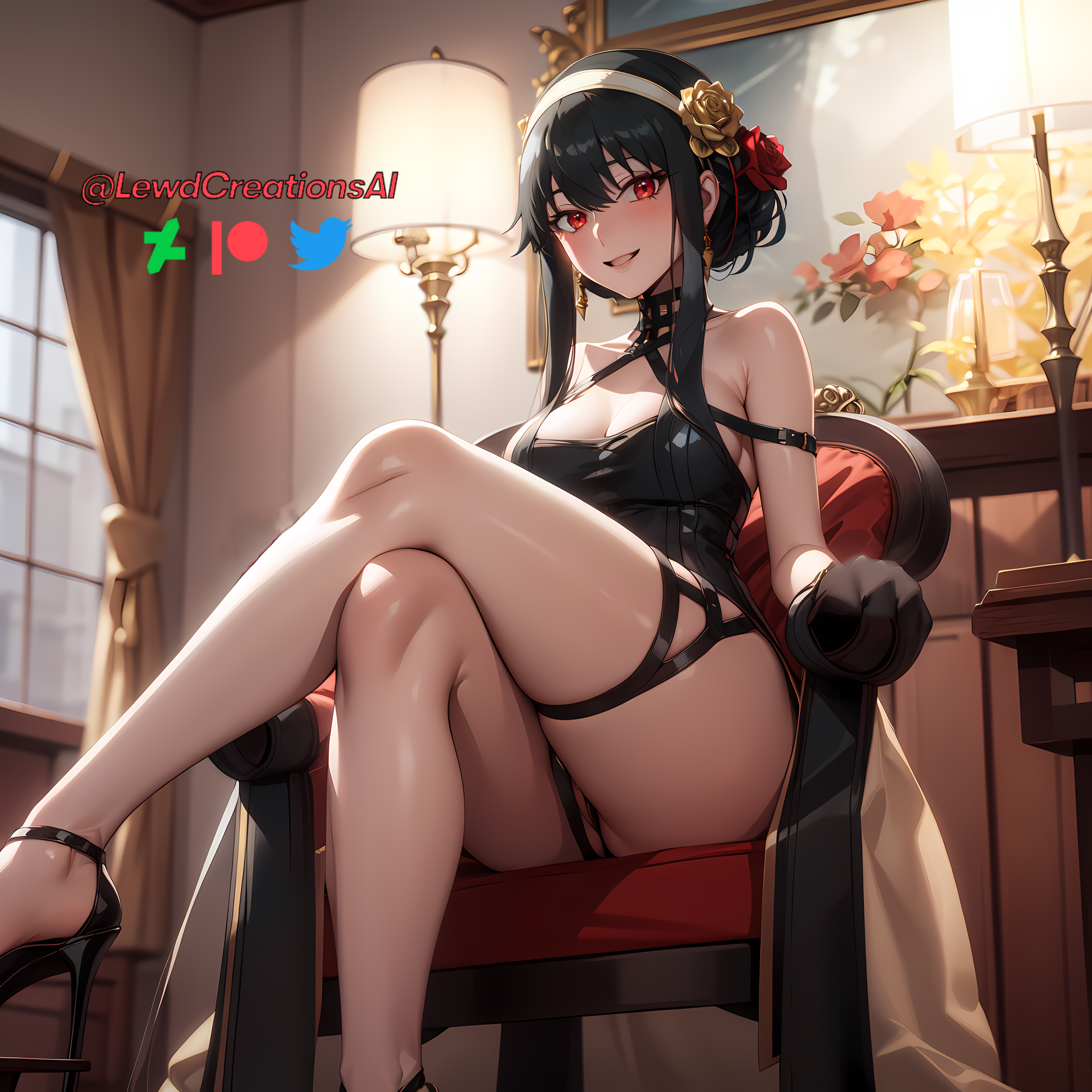 ai generated, assassin, black hair, cleavage, crossed legs, dominant, dominant female, female, from below, high heels, highres, legs crossed, lewdcreationsai, looking at viewer, red eyes, sitting on chair, spy x family, thorn princess, yor briar, yor forger