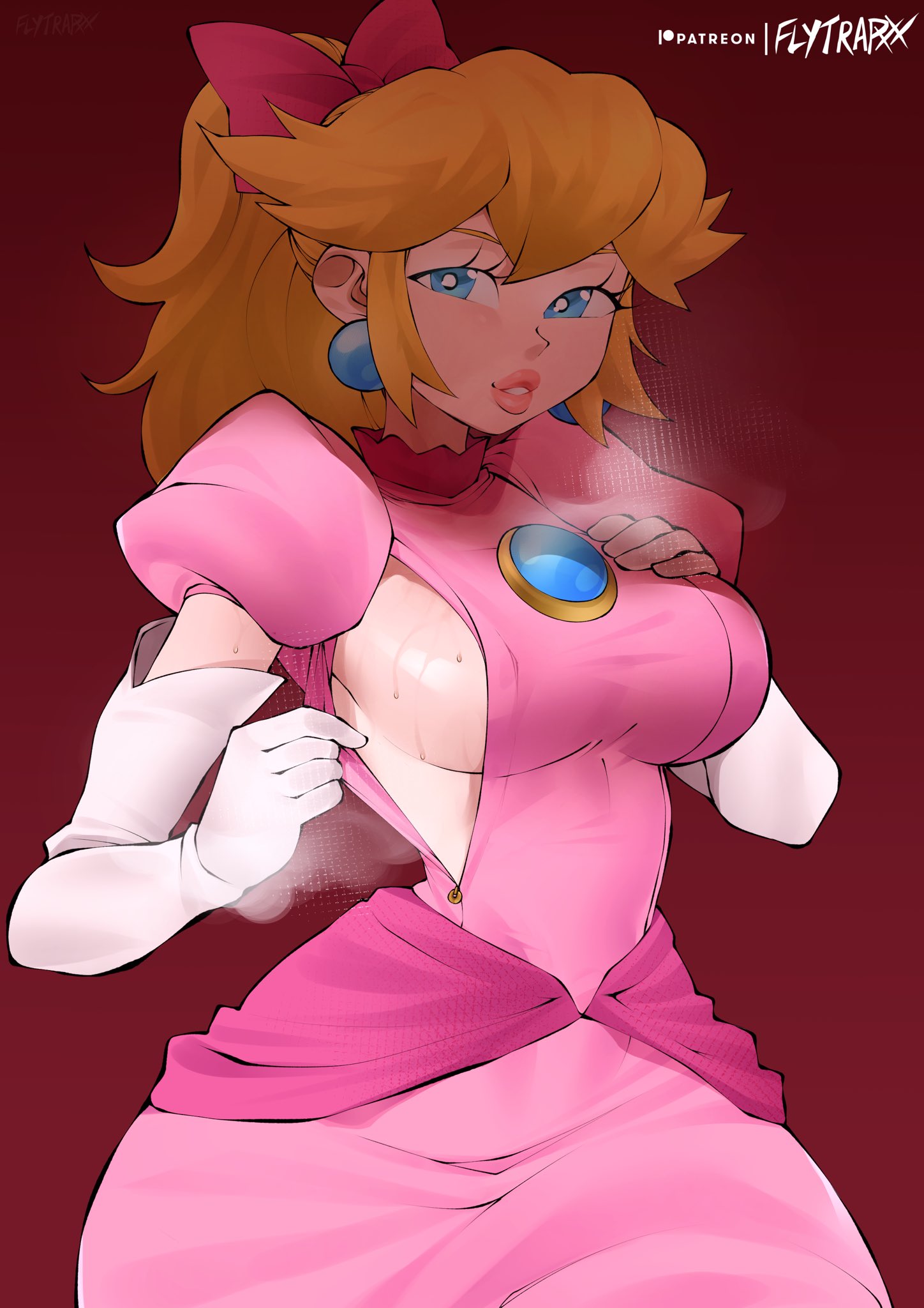 bedroom eyes, blonde hair, blue eyes, breasts, dress, earrings, female, flytrapxx, gloves, hair ribbon, mario (series), musk clouds, nintendo, open clothes, ponytail, princess peach, princess peach: showtime!, sideboob, smile, steaming body, sweat, sweaty, sweaty breasts, zipper, zipper down