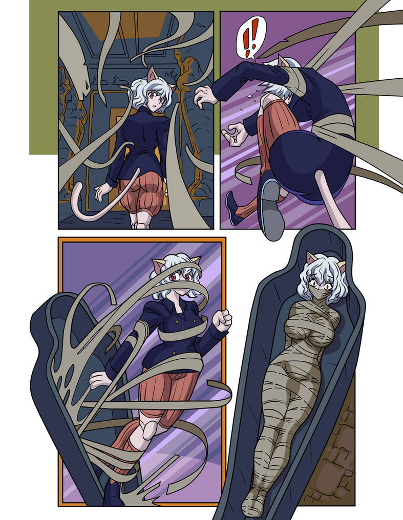 1girls, big breasts, bondage, breasts, cat ears, female, female only, femsub, gag, hunter x hunter, mummification, neferpitou, tape bondage, tape gag, white hair, worried expression