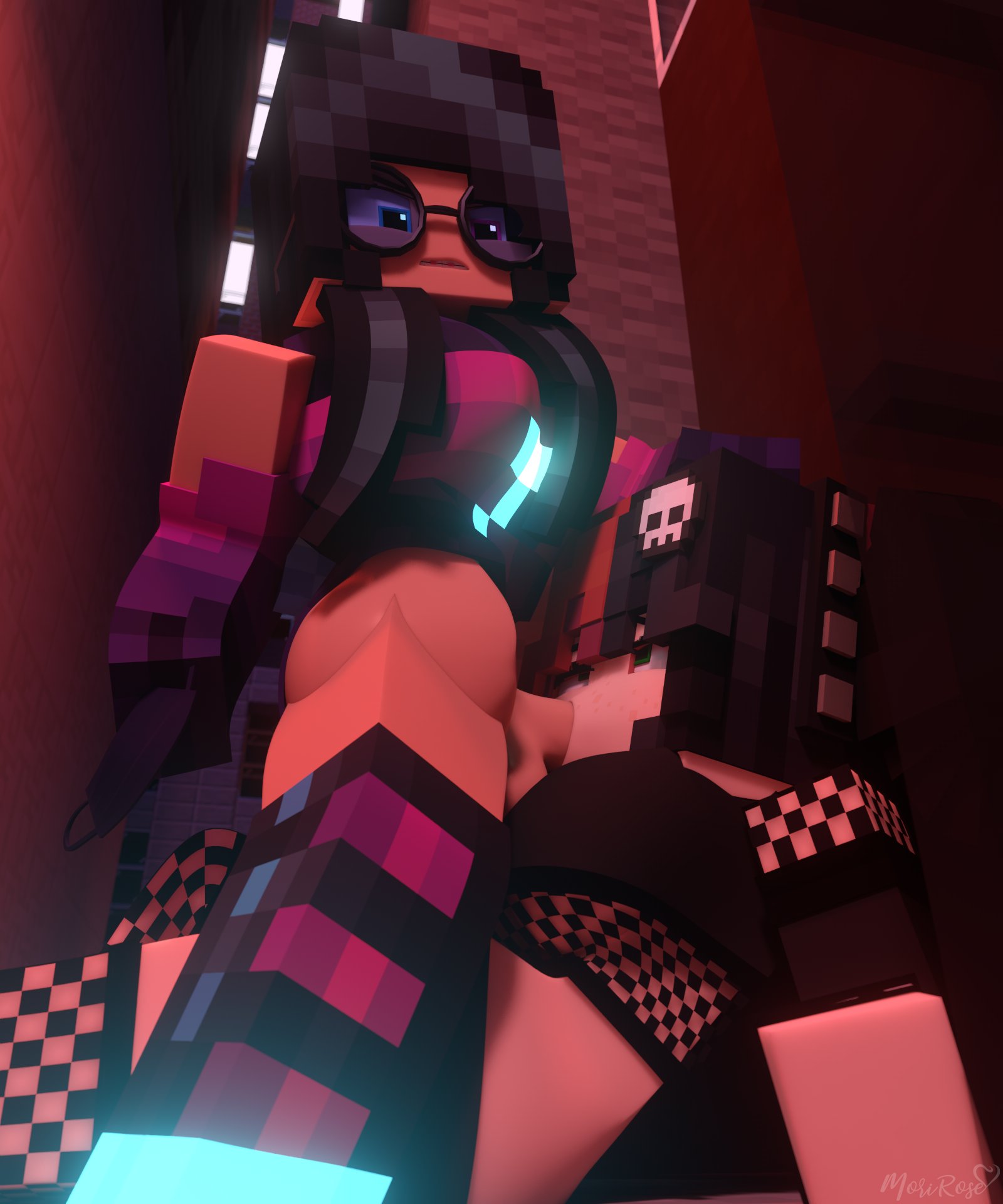 1futa, 1girls, 3d, bisexual, bisexual female, black and red hair, black hair, blowjob, boots, breasts, commission, dickgirl, dickgirl/female, ellie walls (odysseyellie), english text, face fucking, fellatio, female, futa on female, futanari, glasses, goth, goth girl, horny, horny female, human, humanoid, intersex, looking at partner, looking at penis, looking down, looking up, mine-imator, minecraft, mori rose (morirosemc), morirosemc, multicolored eyes, multicolored hair, no panties, open mouth, oral penetration, outside, penis, platform boots, sex, speech bubble