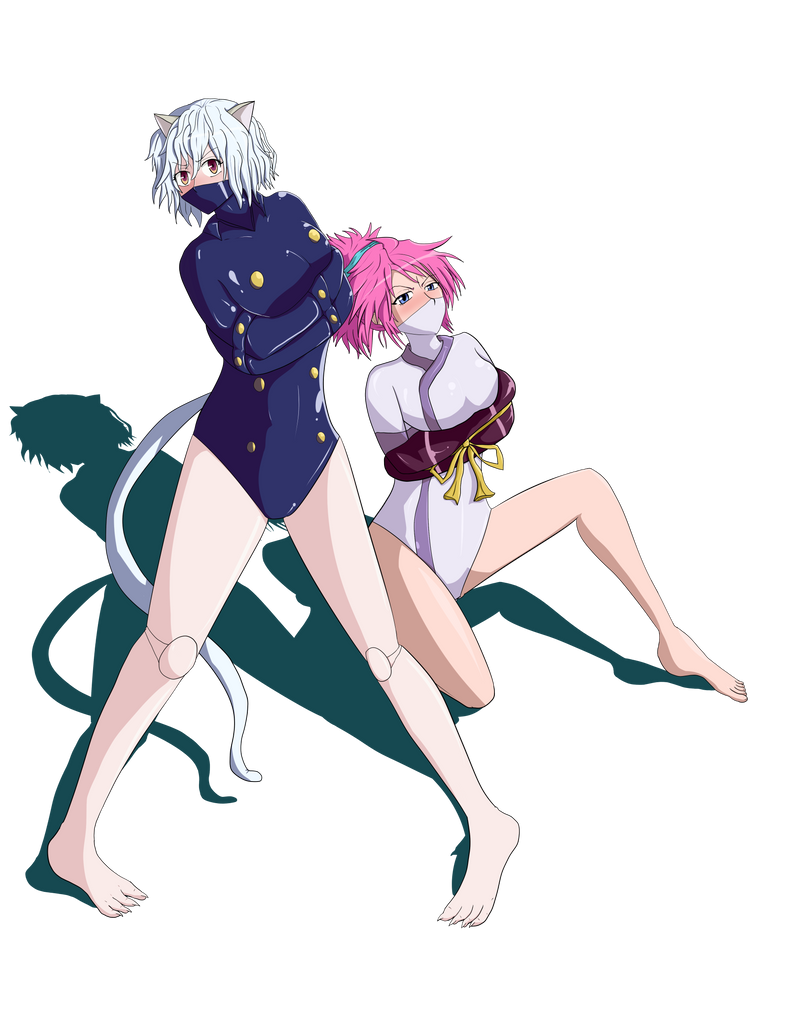 2girls angry blush bondage cat_ears feet female female_only gag hunter_x_hunter machi_komacine multiple_girls neferpitou straitjacket white_hair