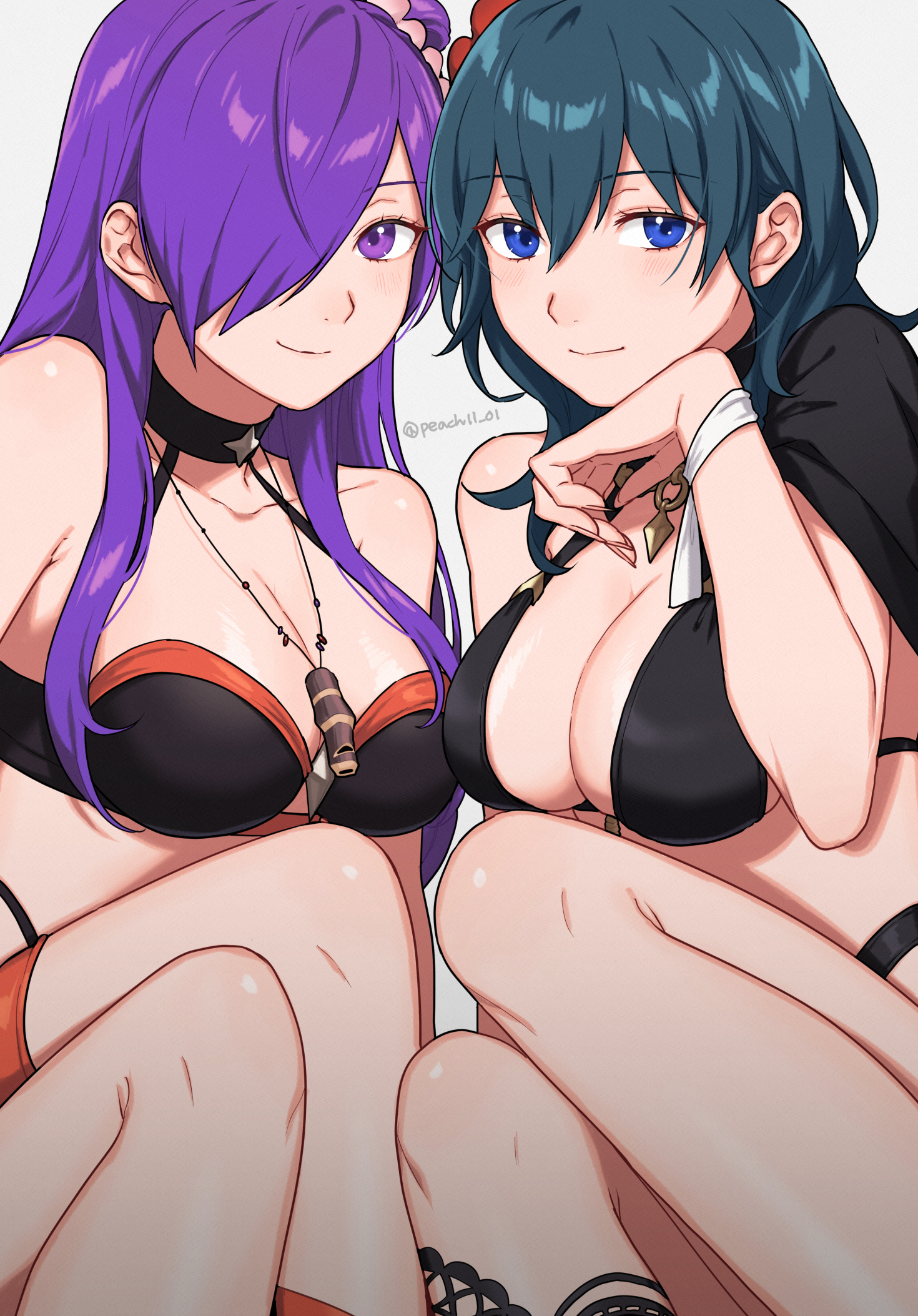 2girls, alternate costume, bikini, black bikini, black swimsuit, blue eyes, blue hair, breasts, byleth (fire emblem), byleth (fire emblem) (female), choker, cleavage, closed mouth, female, female only, fire emblem, fire emblem heroes, fire emblem warriors: three hopes, fire emblem: three houses, flower, hair between eyes, hair bun, hair flower, hair ornament, hair over one eye, hibiscus, highres, large breasts, long hair, multiple females, multiple girls, navel, nintendo, official alternate costume, peach11 01, purple eyes, purple hair, shez (fire emblem), shez (fire emblem) (female), single hair bun, sitting, smile, swimsuit, whistle