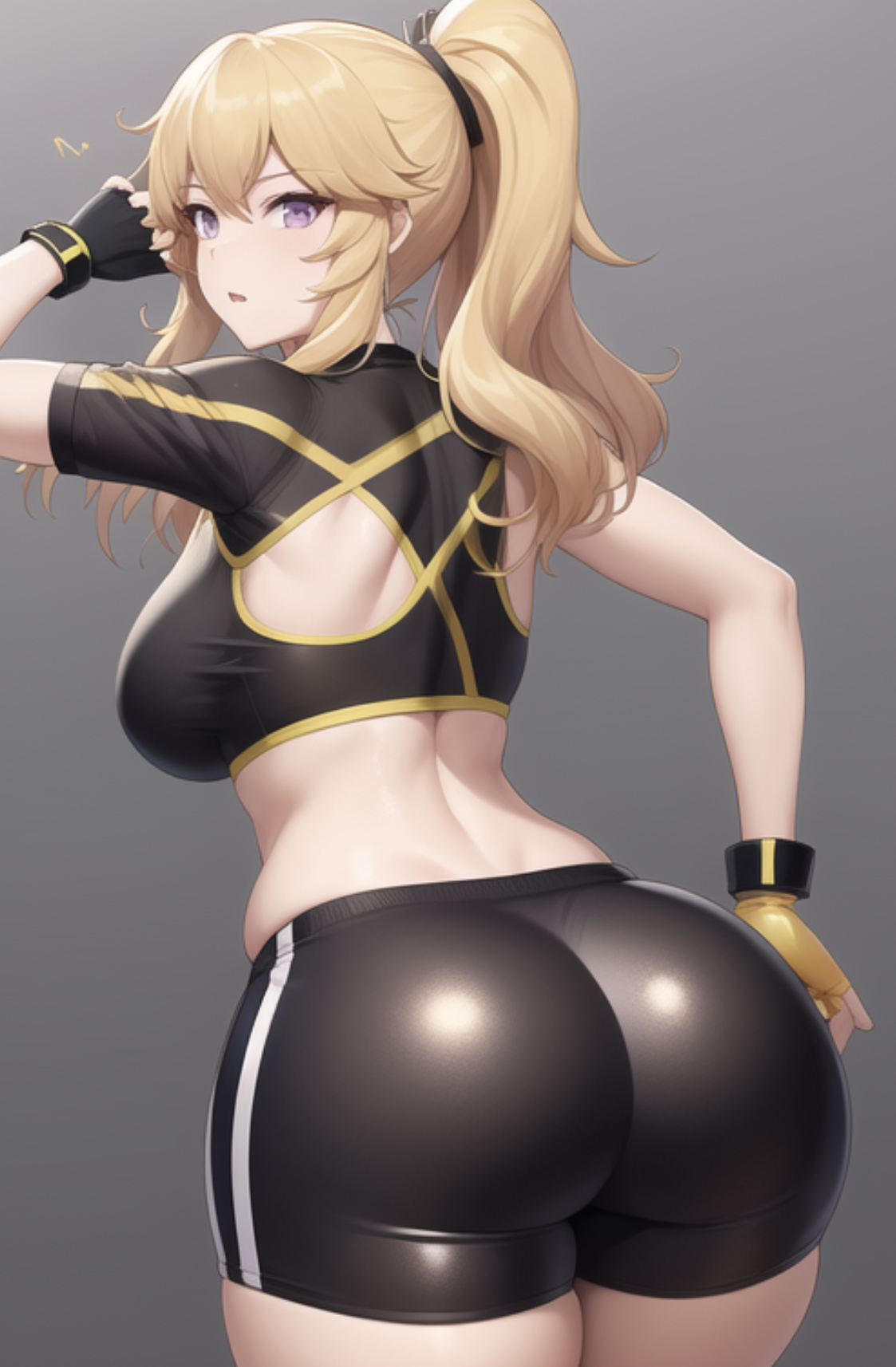 1girls, ai generated, ass, ass focus, big ass, big breasts, blonde hair, breasts, fat ass, female, female only, gym uniform, light skin, light-skinned female, ponytail, purple eyes, rooster teeth, rwby, skimpy, solo, thick ass, thick thighs, yang xiao long