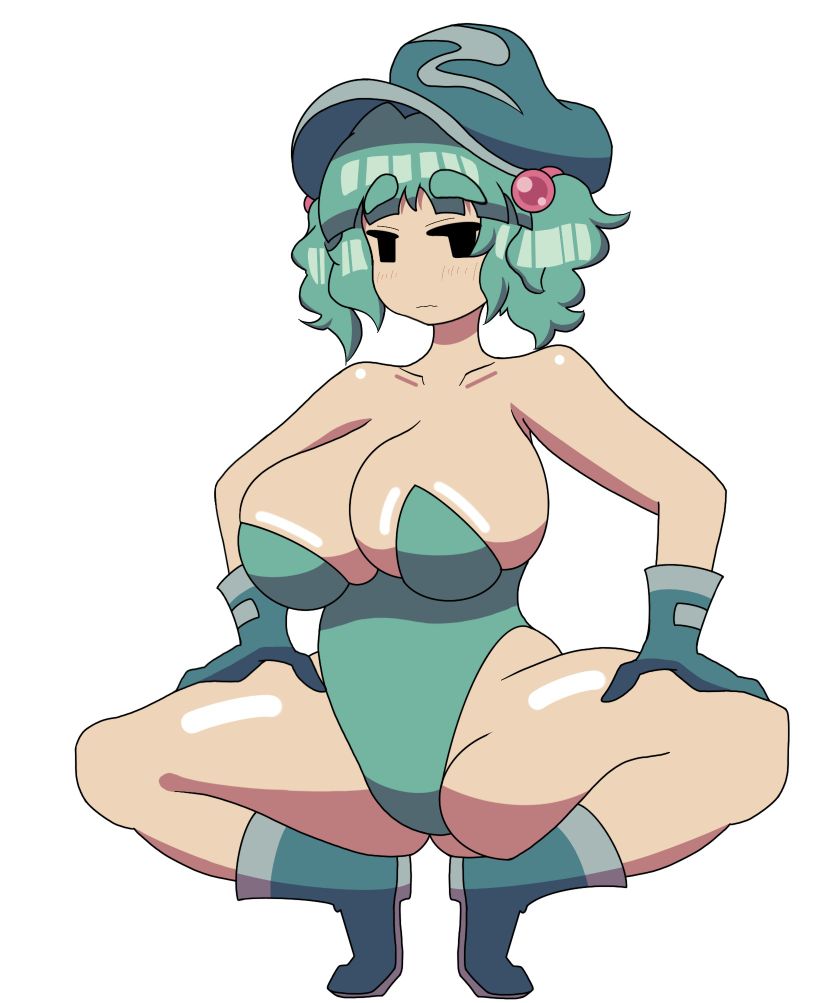 1girls big_breasts boots borrowed_character borrowed_design bunnysuit cleavage crouching cyan_hair gloves hands_on_thighs hat light-skinned_female nitori_kawashiro nono_(notnoe) pigtails sazanami_breaker thick_thighs touhou white_background