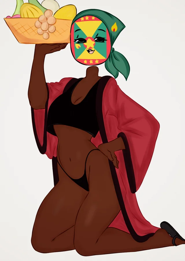 black_bra black_eyebrows black_eyes black_panties countryhumans countryhumans_girl dark-skinned_female flawsy flip_flops fruit_basket grenada_(countryhumans) holding_object_above_head kerchief pink_robe sandals