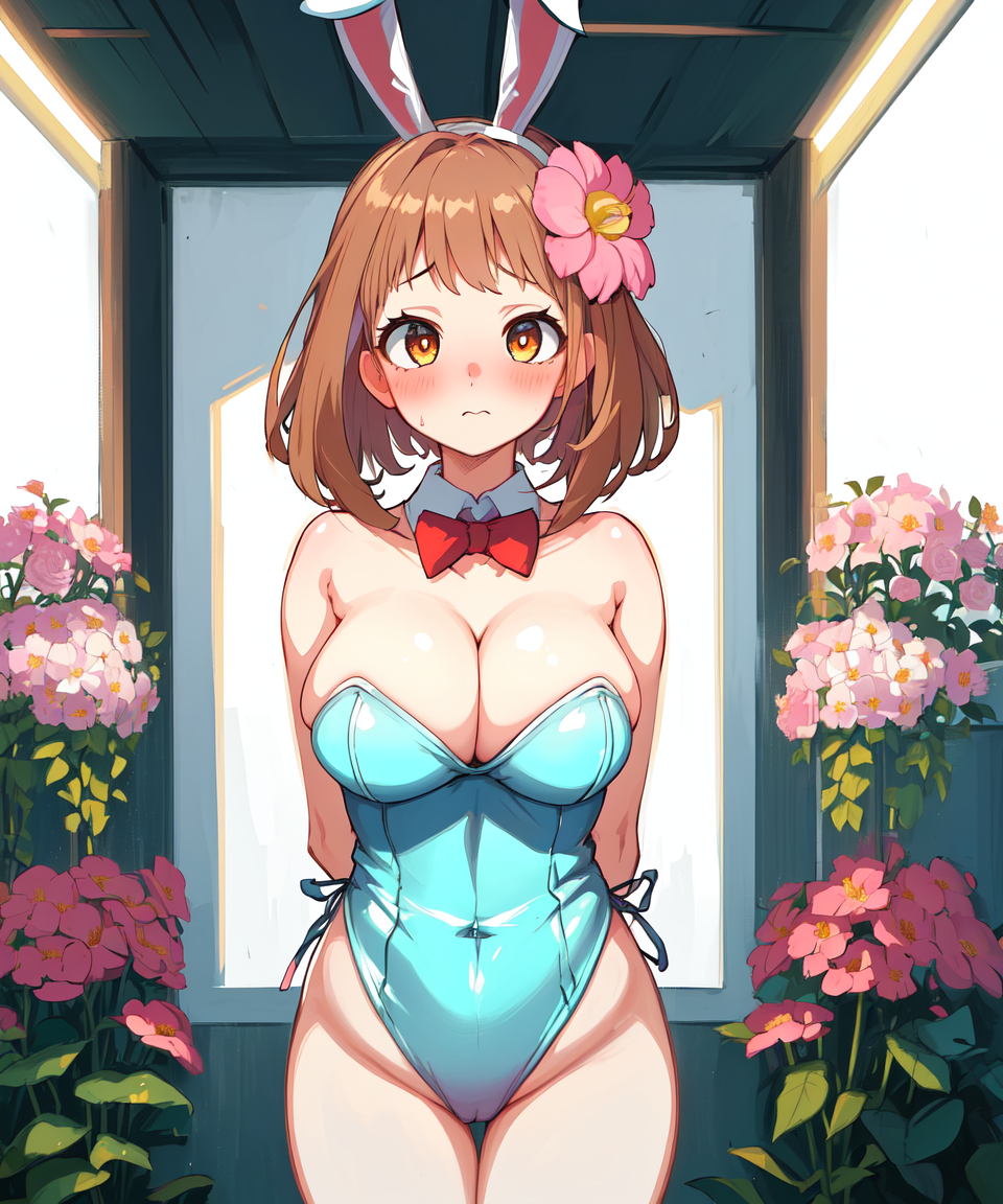 1girls ai_generated big_breasts brown_eyes brown_hair bunnysuit clothing easter female female_only flower headband hourglass_figure light-skinned_female light_skin looking_at_viewer my_hero_academia ochako_uraraka playboy_bunny rabbit_headband short_hair voluptuous voluptuous_female winnie_kuma