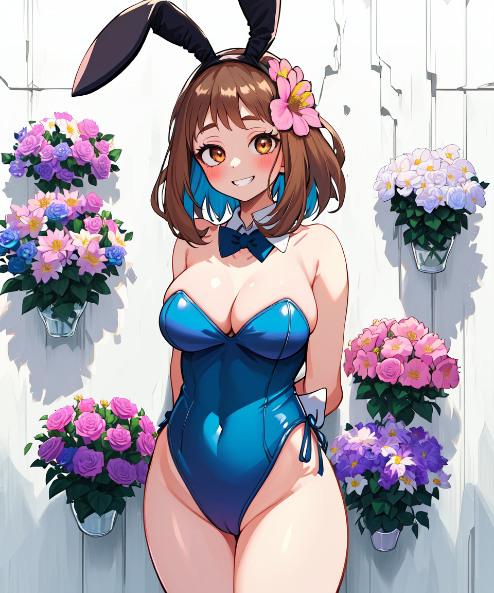 1girls ai_generated big_breasts brown_eyes brown_hair bunnysuit clothing easter female female_only flower headband hourglass_figure light-skinned_female light_skin looking_at_viewer my_hero_academia ochako_uraraka playboy_bunny rabbit_headband short_hair voluptuous voluptuous_female winnie_kuma