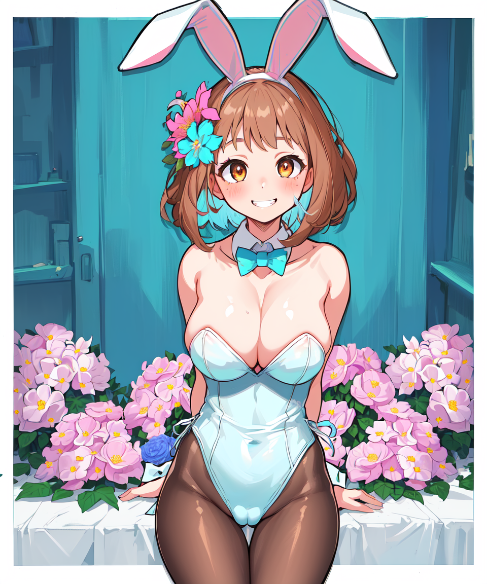 1girls ai_generated big_breasts brown_eyes brown_hair bunnysuit clothing easter female female_only flower headband hourglass_figure light-skinned_female light_skin looking_at_viewer my_hero_academia ochako_uraraka playboy_bunny rabbit_headband short_hair voluptuous voluptuous_female winnie_kuma