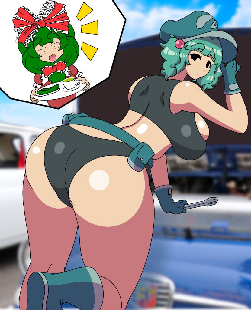 2girls ass belt belt_pouch big_breasts blurry_background borrowed_character borrowed_design cyan_hair dat_ass green_hair hat holding_tool kagiyama_hina light-skinned_female looking_at_ass looking_back nitori_kawashiro nono_(notnoe) sazanami_breaker tank_top thick_ass thick_thighs thong touhou twintails vehicle wrench