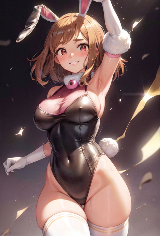 1girls ai_generated big_breasts brown_eyes brown_hair bunnysuit clothing female female_only headband hourglass_figure light-skinned_female light_skin looking_at_viewer my_hero_academia ochako_uraraka patton playboy_bunny rabbit_headband short_hair voluptuous voluptuous_female