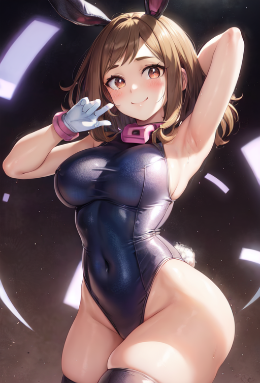 1girls ai_generated big_breasts brown_eyes brown_hair bunnysuit clothing female female_only headband hourglass_figure light-skinned_female light_skin looking_at_viewer my_hero_academia ochako_uraraka patton playboy_bunny rabbit_headband short_hair voluptuous voluptuous_female