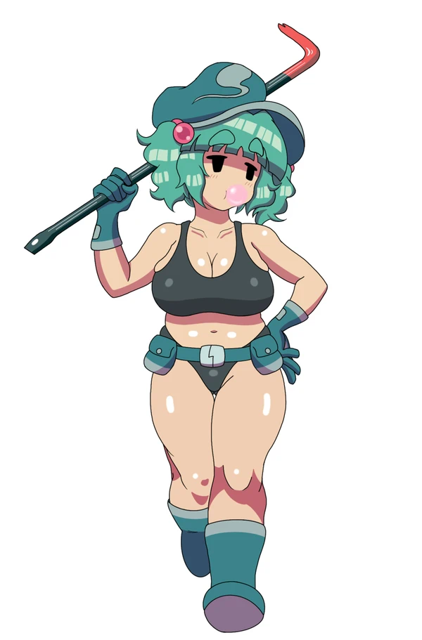 1girls belt belt_pouch big_breasts blowing_bubblegum boots borrowed_character borrowed_design bubblegum cleavage crowbar cyan_hair gloves hat holding_tool light-skinned_female nitori_kawashiro nono_(notnoe) pigtails sazanami_breaker tank_top thong touhou white_background