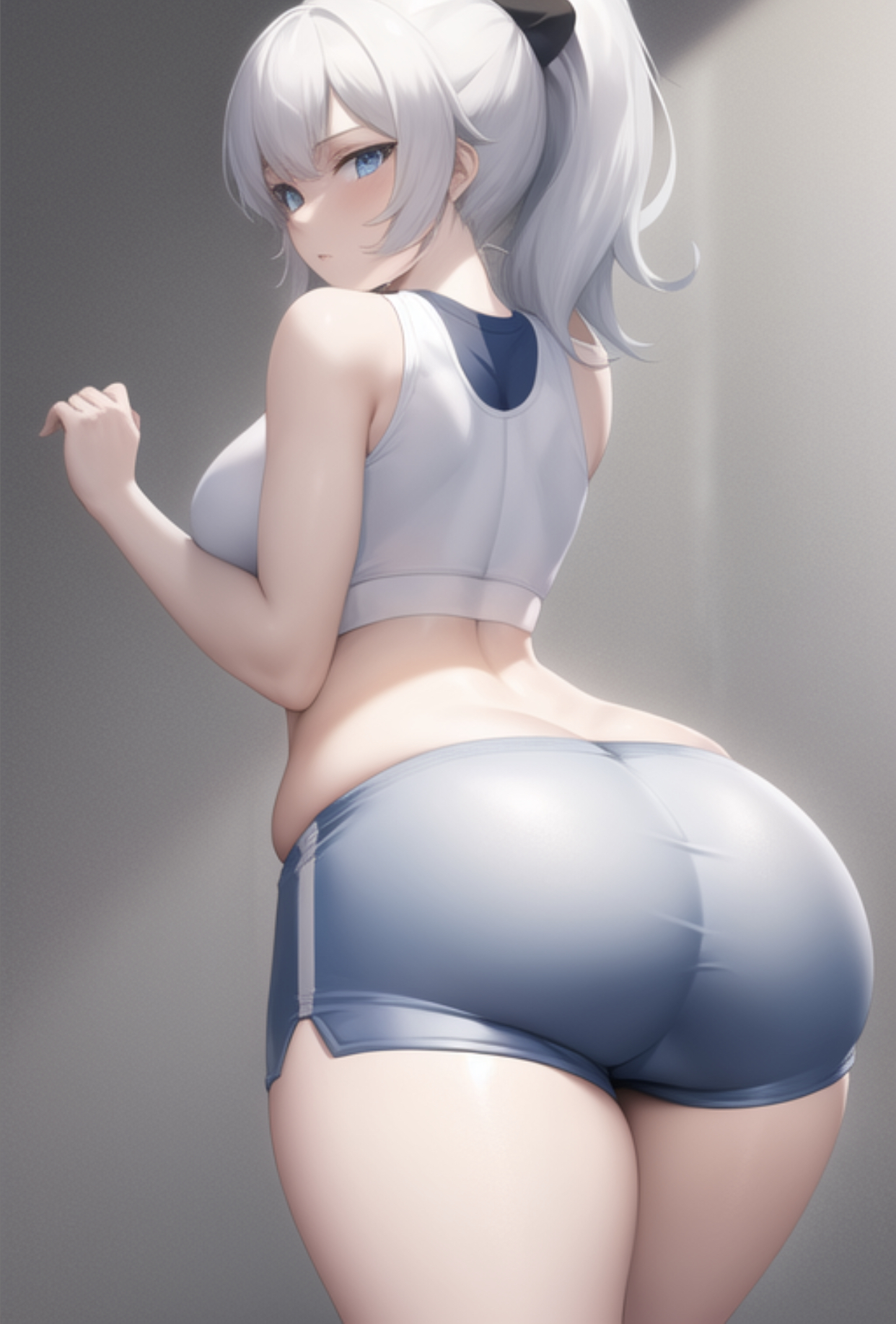 1girls, ai generated, ass, ass focus, big ass, big breasts, blue eyes, breasts, fat ass, female, female only, gym uniform, huge ass, light skin, light-skinned female, ponytail, rooster teeth, rwby, skimpy, solo, thick ass, thick thighs, weiss schnee, white hair