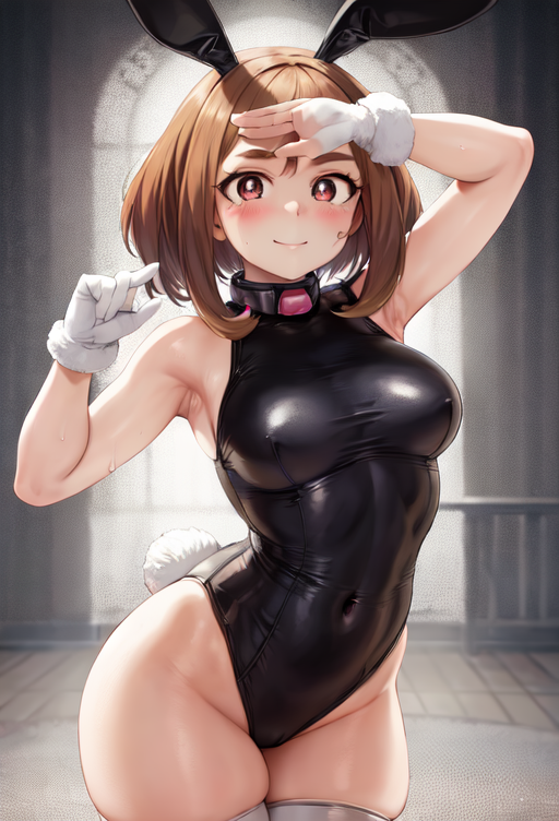 1girls ai_generated big_breasts brown_eyes brown_hair bunnysuit clothing female female_only headband hourglass_figure light-skinned_female light_skin looking_at_viewer my_hero_academia ochako_uraraka patton playboy_bunny rabbit_headband short_hair voluptuous voluptuous_female