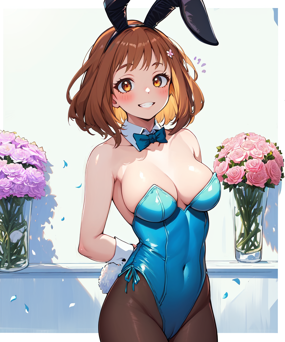 1girls ai_generated big_breasts brown_eyes brown_hair bunnysuit clothing easter female female_only flower headband hourglass_figure light-skinned_female light_skin looking_at_viewer my_hero_academia ochako_uraraka playboy_bunny rabbit_headband short_hair voluptuous voluptuous_female winnie_kuma