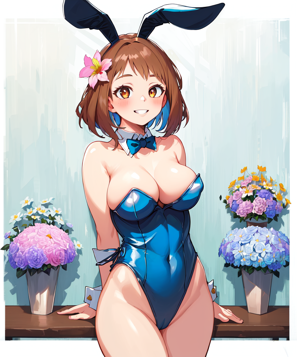 1girls ai_generated big_breasts brown_eyes brown_hair bunnysuit clothing easter female female_only flower headband hourglass_figure light-skinned_female light_skin looking_at_viewer my_hero_academia ochako_uraraka playboy_bunny rabbit_headband short_hair voluptuous voluptuous_female winnie_kuma