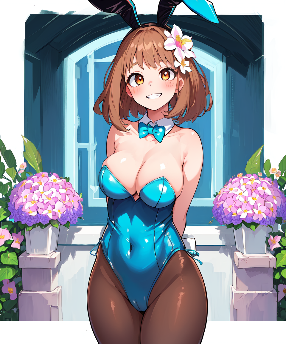 1girls ai_generated big_breasts brown_eyes brown_hair bunnysuit clothing easter female female_only flower headband hourglass_figure light-skinned_female light_skin looking_at_viewer my_hero_academia ochako_uraraka playboy_bunny rabbit_headband short_hair voluptuous voluptuous_female winnie_kuma