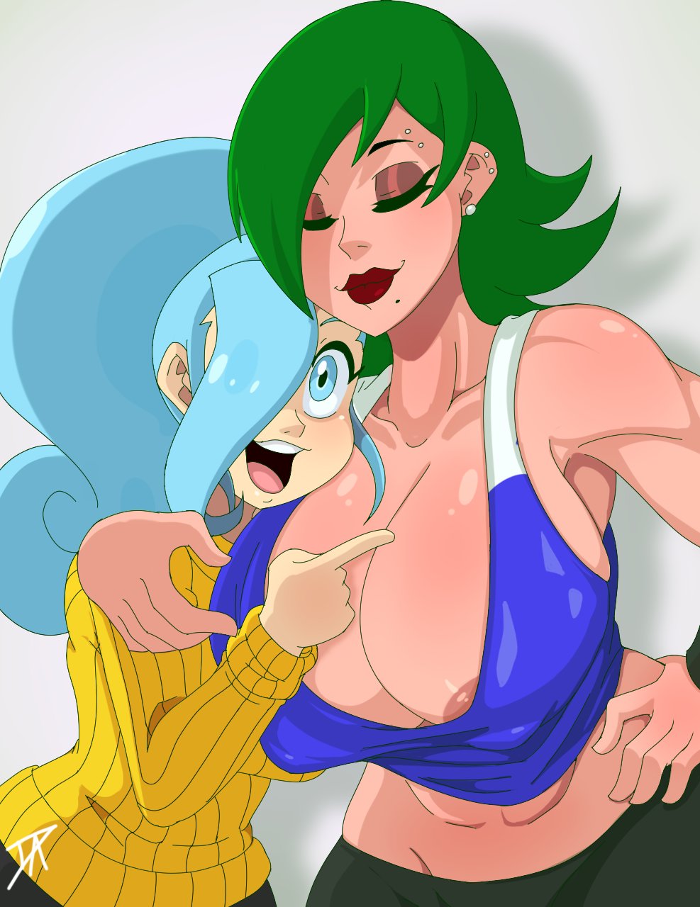 abs arm_around_shoulders big_breasts blue_hair character_request closed_eyes dalley_le_alpha female green_hair hair_over_one_eye hand_on_hip huge_breasts nipples_peek oc original original_character original_characters pointing_at_another