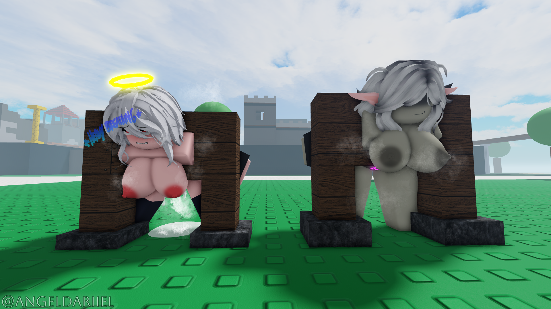 2girls, 3d, after sex, after vaginal, angel, angel halo, ass, big breasts, bondage, breasts, crossroads (roblox), cum, cum inside, darriel (artist), female, halo, male, nipples, pussy, restrained, roblox, robloxian, stuck, tagme, trap