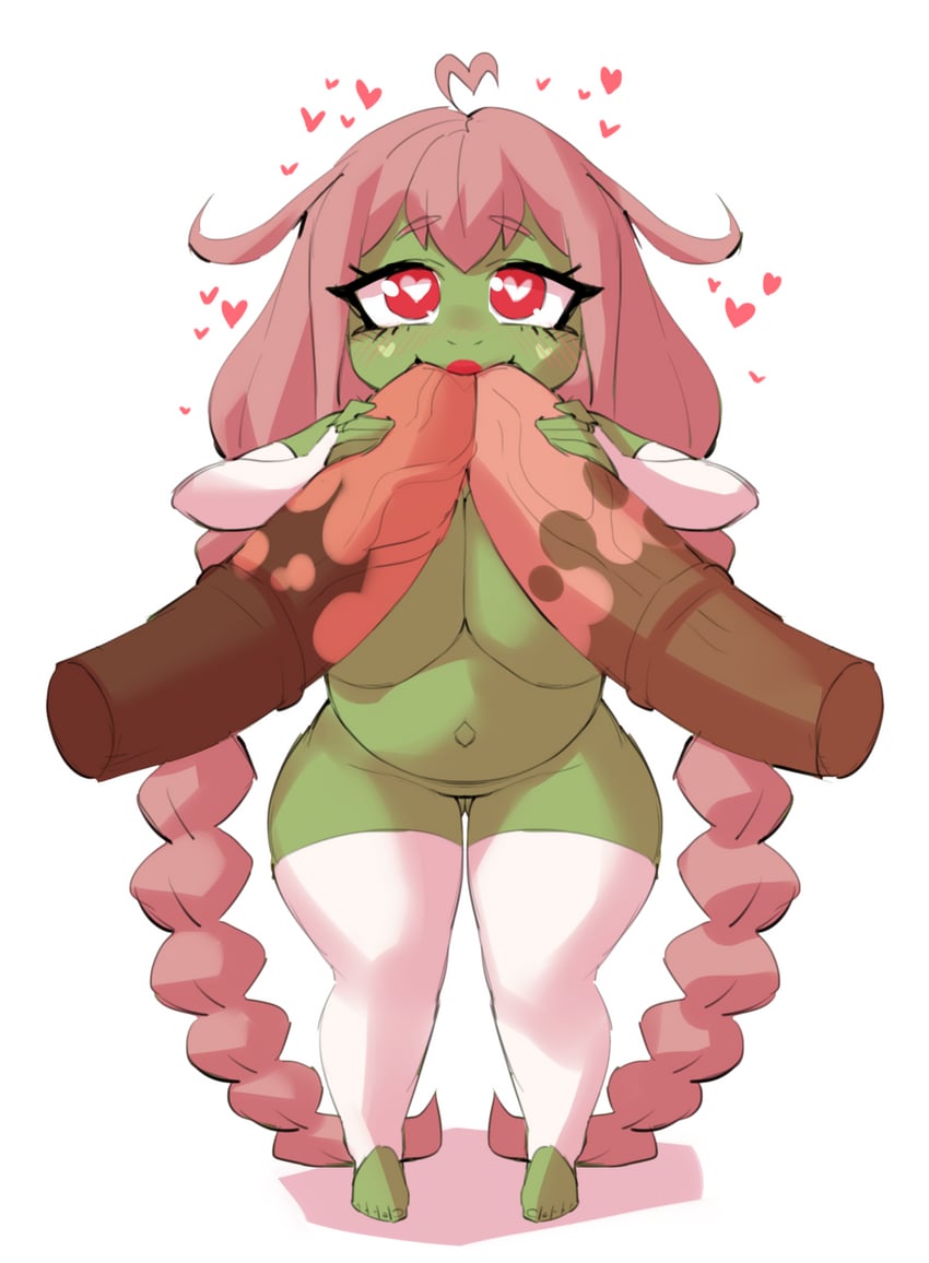 1girls, 2022, 2d, animal penis, beastiality, big ears, borvar, breasts, commission, cupid (hgoldenbell), double fellatio, elbow gloves, extreme, fellatio, female, female focus, front view, goblin, goblin female, green skin, horsecock, large breasts, lipstick, long hair, looking at viewer, male, oral, original, original character, penis, pink hair, pointy ears, pregnant, red eyes, red lipstick, shortstack, thick thighs, thigh highs, thighhighs, twin braids, wide hips