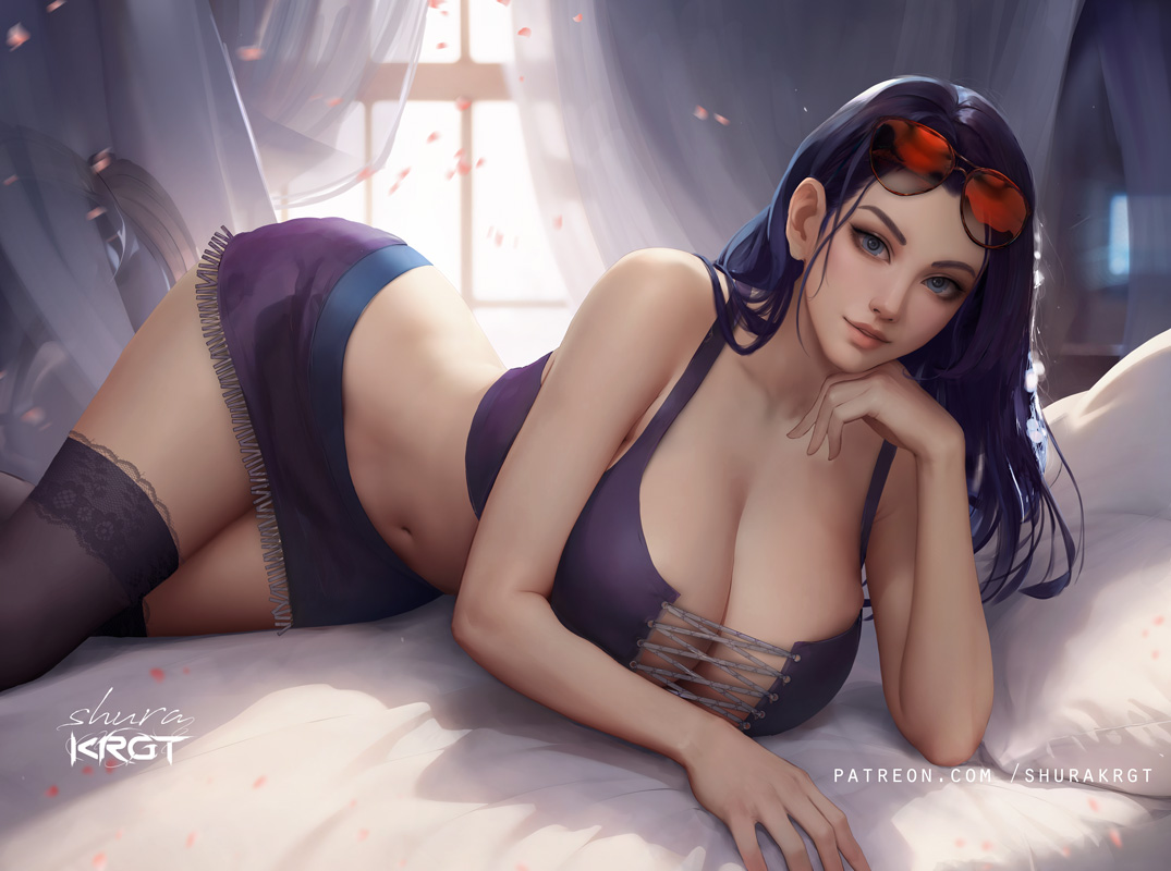 1girls, artist signature, black hair, black-haired female, breasts, female, female only, large breasts, miniskirt, miss all sunday, nico robin, no bra, on bed, one piece, patreon username, post-timeskip, red sunglasses, shurakrgt, sunglasses on head, white bed sheet