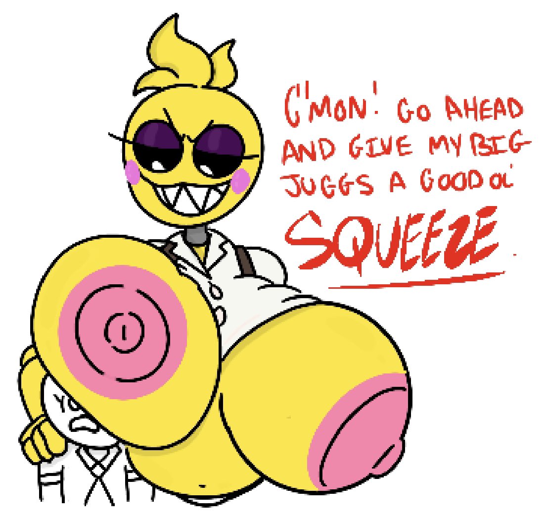 big breasts, breasts, breasts bigger than head, breasts out, dialogue, female, five nights at freddy's, human, robot, robot girl, theslashfive, toy chica (fnaf)