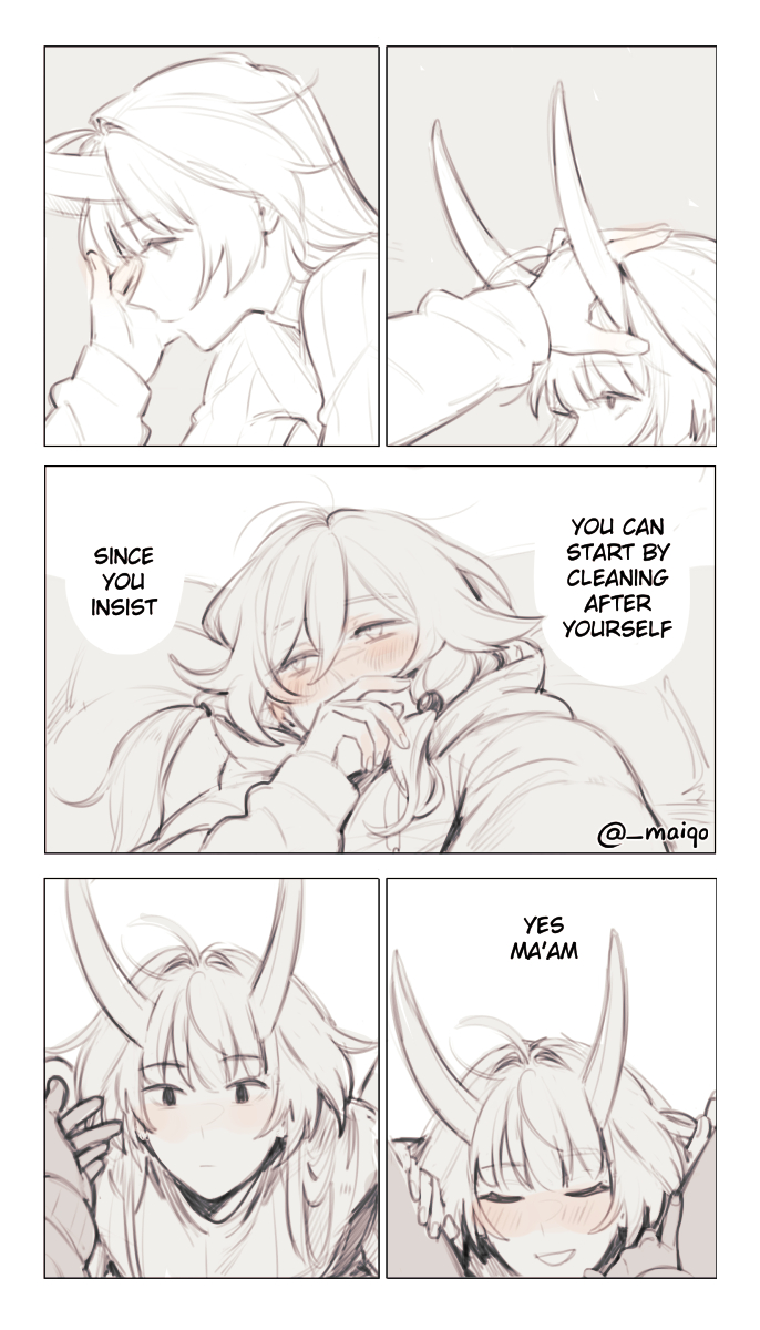 2girls, blush, comic, cunnilingus, cute, dialogue, english text, female, fu hua, honkai (series), honkai impact 3rd, horns, long hair, maiqo, raiden mei, romantic, romantic couple, tagme, wholesome, wholesome sex, yuri