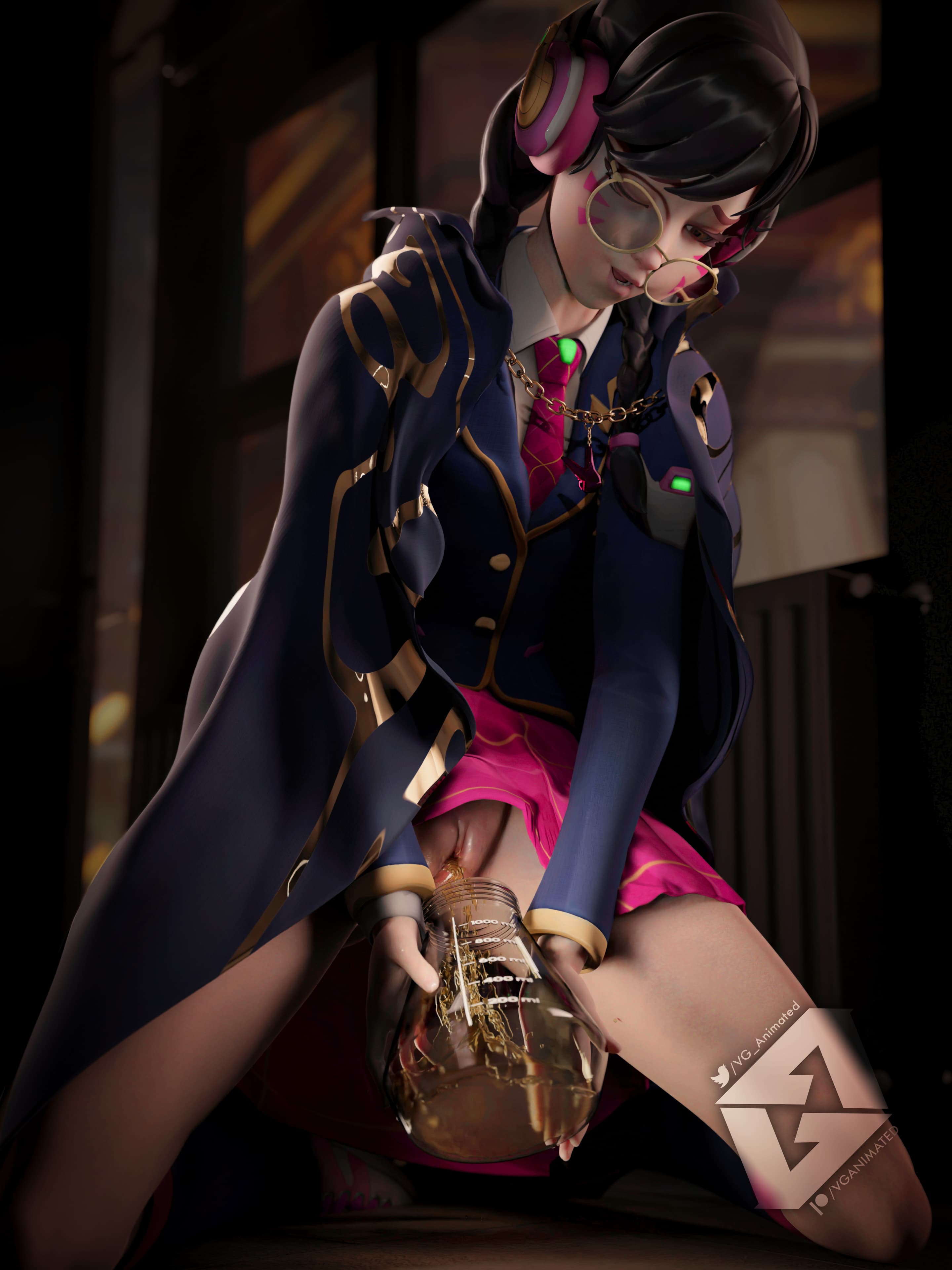 3d, blender, d.va, desperation, female, omorashi, overwatch, parody, peeing, peeing in cup, vganimated, wetting
