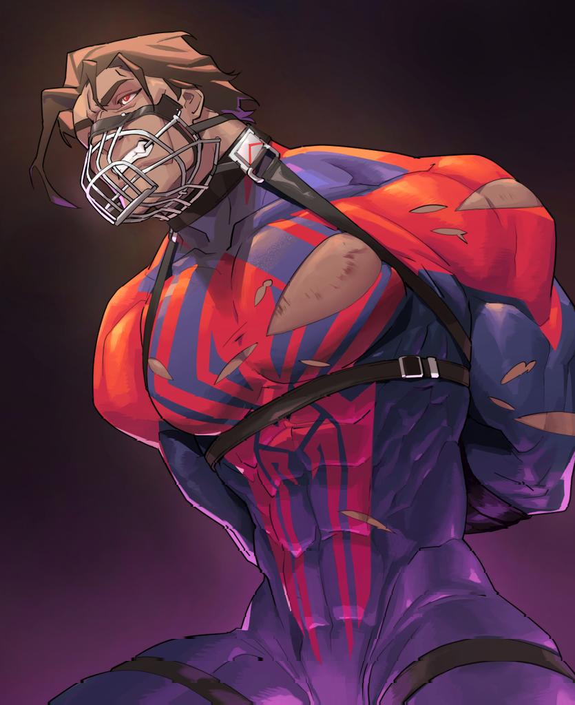1boy, 2kgjnbg, abs, bondage, brown body, brown hair, harness, human, latino, male, male focus, male only, marvel, marvel comics, mexican, miguel o'hara, moobs, muscular, muscular male, muzzle (object), muzzled, no visible genitalia, pecs, ripped clothing, skin tight, solo, solo male, spider-man, spider-man (series), spider-man 2099, spider-man: across the spider-verse, spider-man: into the spider-verse, tied, tight clothing, torn clothes, torn clothing