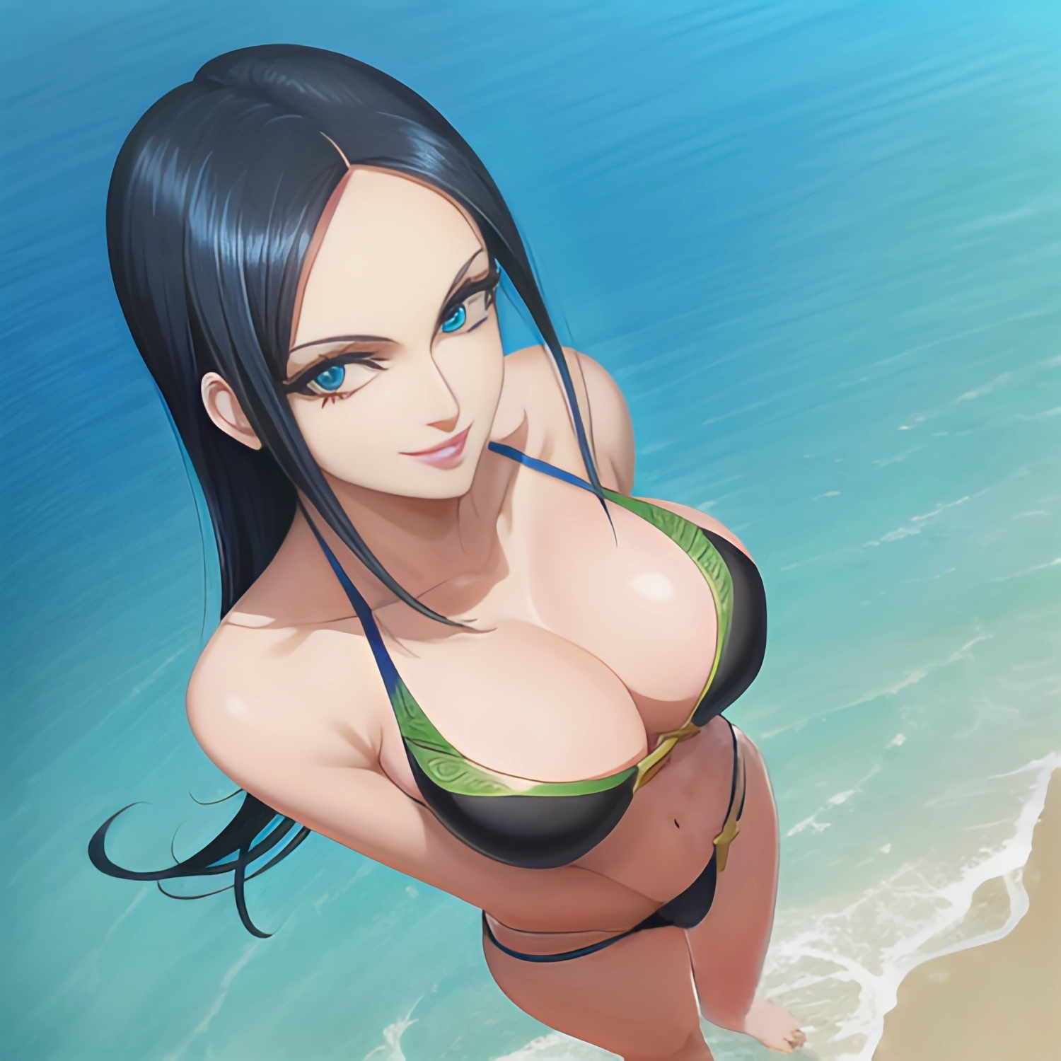 1girls, ai generated, anime, anime style, beach, big breasts, bikini, bikini bottom, bikini top, black hair, blue eyes, breasts, busty, cleavage, enmashusui, female, female only, hand in panties, huge breasts, long hair, looking at viewer, masturbation, milf, nico robin, one piece, pinup, post-timeskip, seaside, smile, smiling at viewer, swimsuit, two piece swimsuit, viewed from above