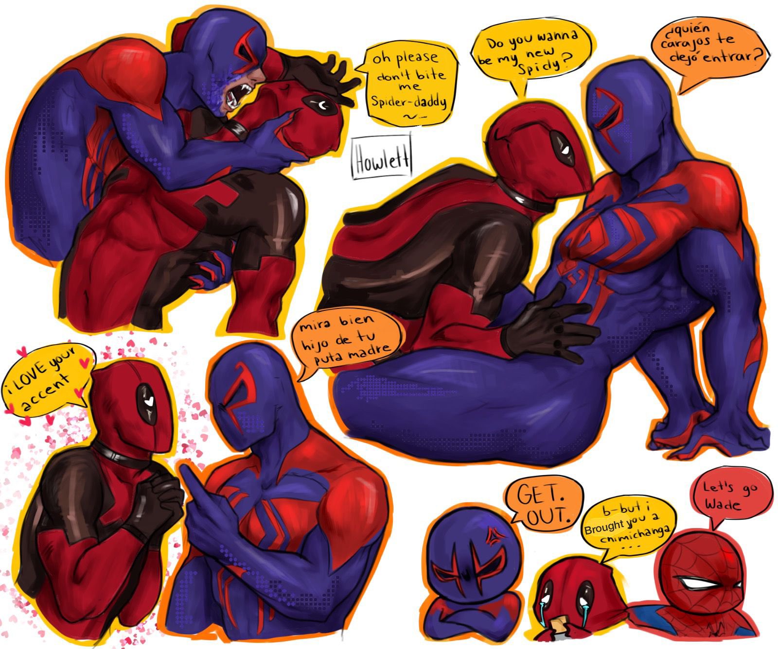 2boys, angry, bara, bulge, deadpool, duo, english text, gay, groping, howlett who, male, male only, male/male, marvel, marvel comics, mask, miguel o'hara, muscular, muscular male, nervous, peter parker, seductive, spanish text, spider-man, spider-man (series), spider-man 2099, spider-man: across the spider-verse, spider-man: into the spider-verse, superhero, text, wade wilson, yaoi