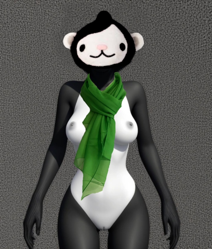 2010_vancouver_olympics ai_generated anthro bear bear_ears bear_girl breasts cosplay eyes female furry furry_breasts green_scarf hybrid mammal mascot miga nipples nude nude_female olympic_mascot olympics real_person realistic scarf solo solo_female