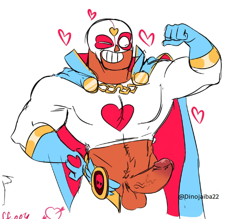 balls belt biceps brawl_stars cape dinojaiba22 el_corazon_primo el_primo_(brawl_stars) erection flexing flexing_bicep heart luchador luchador_mask male male_focus male_only mask mexican muscular muscular_male penis pubes pubic_hair pulled_down_pants showing_off skin_tight smiling tight_clothing uncut wink wrestler