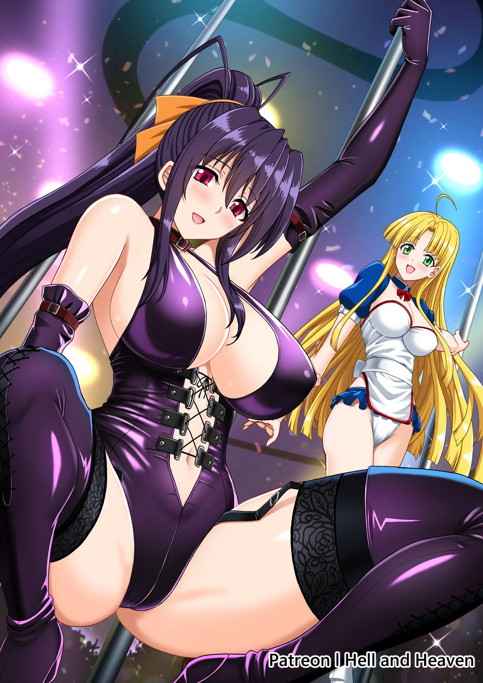 2girls akeno_himejima asia_argento happy hell_and_heaven high_school_dxd latex latex_clothing latex_gloves latex_thighhighs light-skinned_female multiple_girls open_mouth pole pole_dancing spread_legs