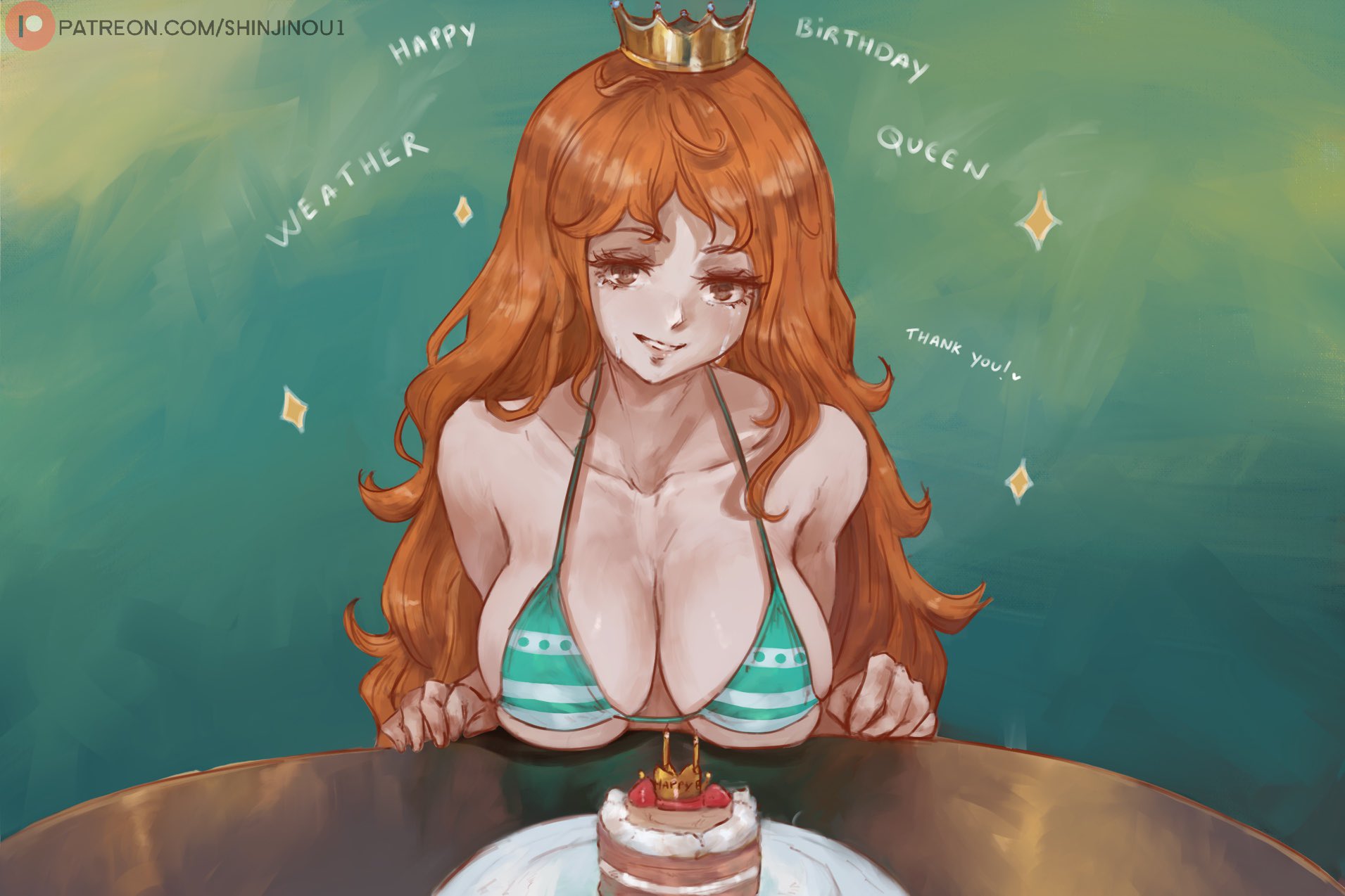 1girls, birthday, birthday cake, cutesexyrobutts (style), female, female focus, female only, long hair, nami (one piece), one piece, orange hair, orange-haired female, post-timeskip, shinjinou, smile, solo, solo female, solo focus