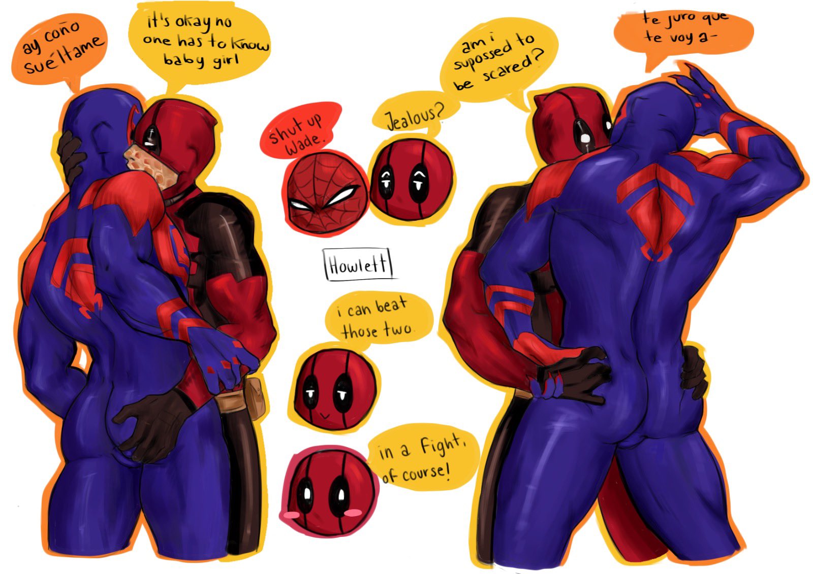 2boys, angry, ass, bara, bubble ass, bubble butt, bulge, deadpool, duo, english text, gay, grabbing, grabbing ass, groping, howlett who, male, male only, male/male, marvel, marvel comics, mask, miguel o'hara, muscular, muscular male, nervous, peter parker, seductive, spanish text, spider-man, spider-man (series), spider-man 2099, spider-man: across the spider-verse, spider-man: into the spider-verse, superhero, text, wade wilson, yaoi