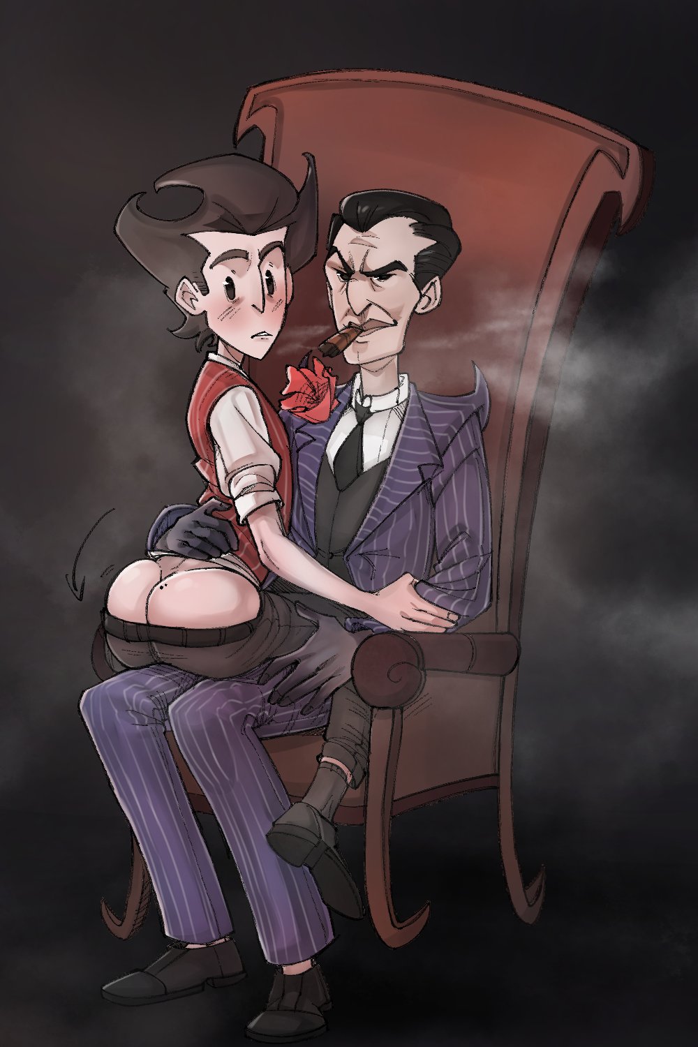 2boys ass big_ass big_butt black_hair blush blush_lines butt chair cigar domdumb12 don't_starve don't_starve_together fat_ass fat_butt fully_clothed gay huge_ass huge_butt looking_back male male_only maxwell_(don't_starve) mole mole_on_ass sitting_on_chair sitting_on_lap thick_ass thick_butt wilson_percival_higgsbury